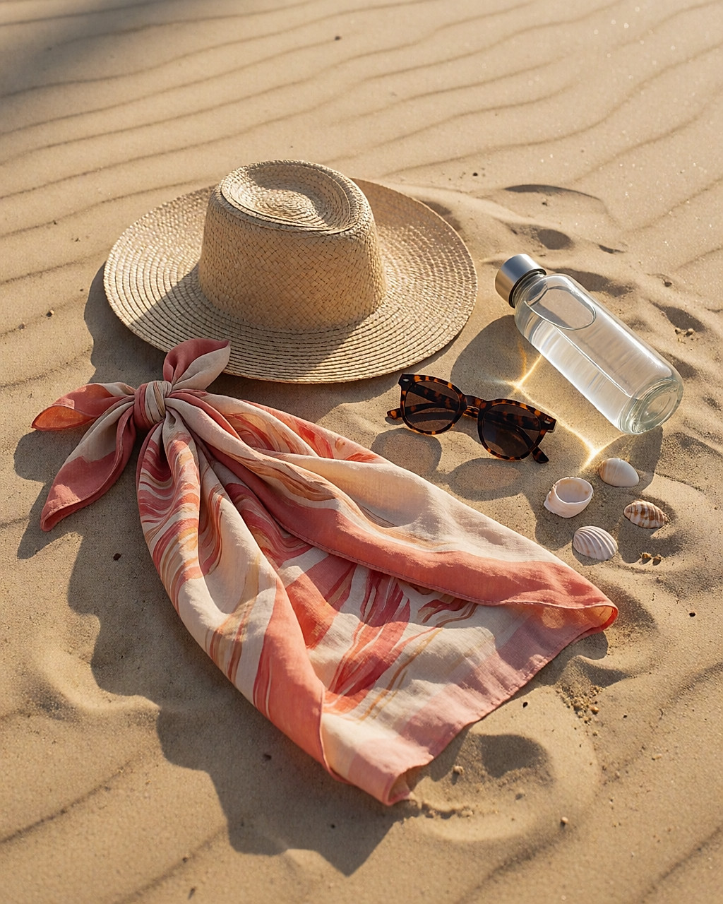 Nature morte sur le sable : chapeau de paille, paréo plié, lunettes de soleil et gourde en verre