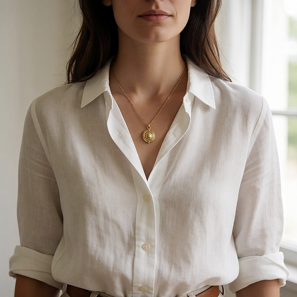 Detalle de un collar dorado con colgante sobre una camisa de lino