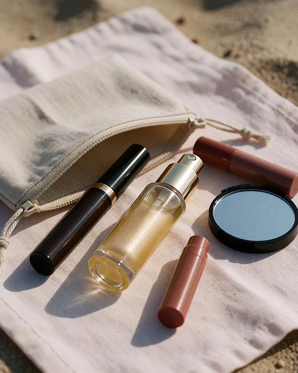 Neceser de maquillaje de playa: frasco de aceite dorado, máscara de pestañas waterproof y bálsamo con color