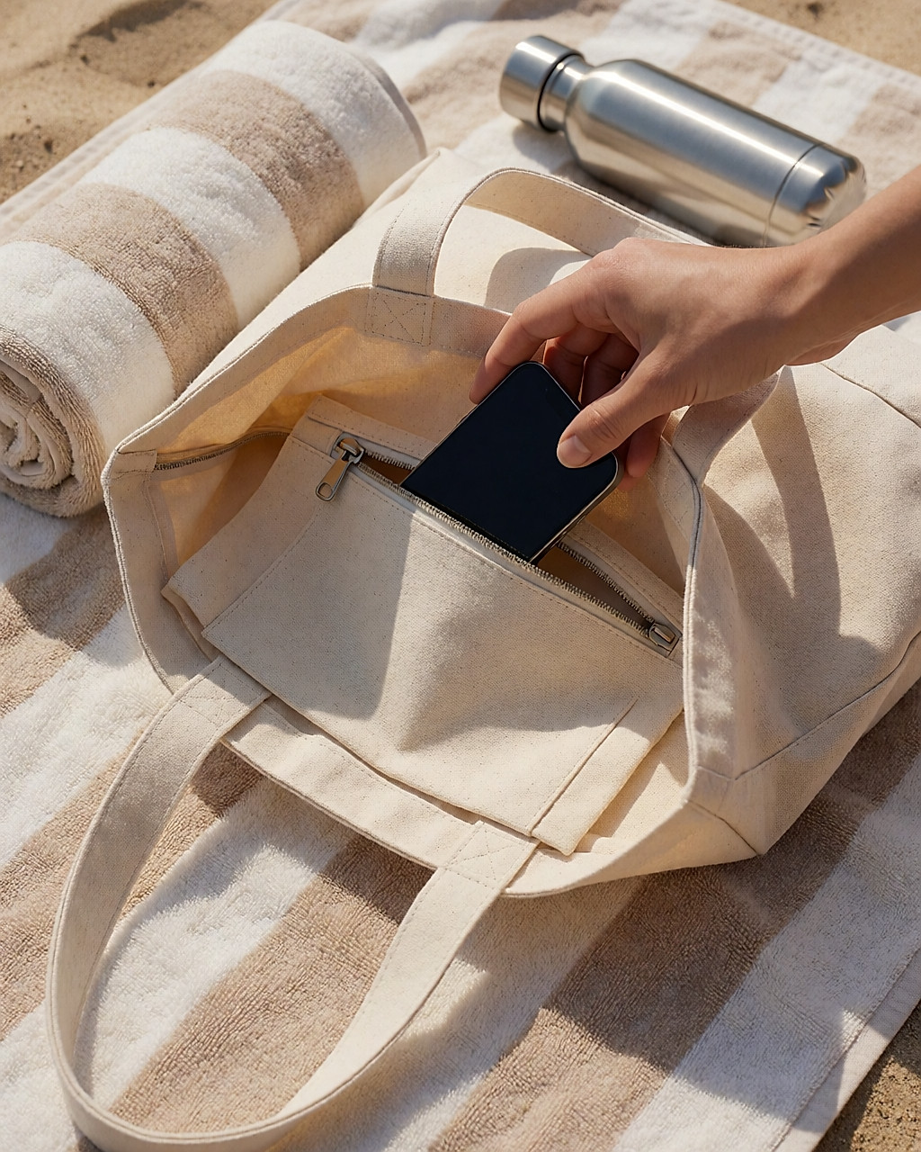 Détail d'un cabas en toile épaisse, une main glissant un téléphone dans la poche zippée