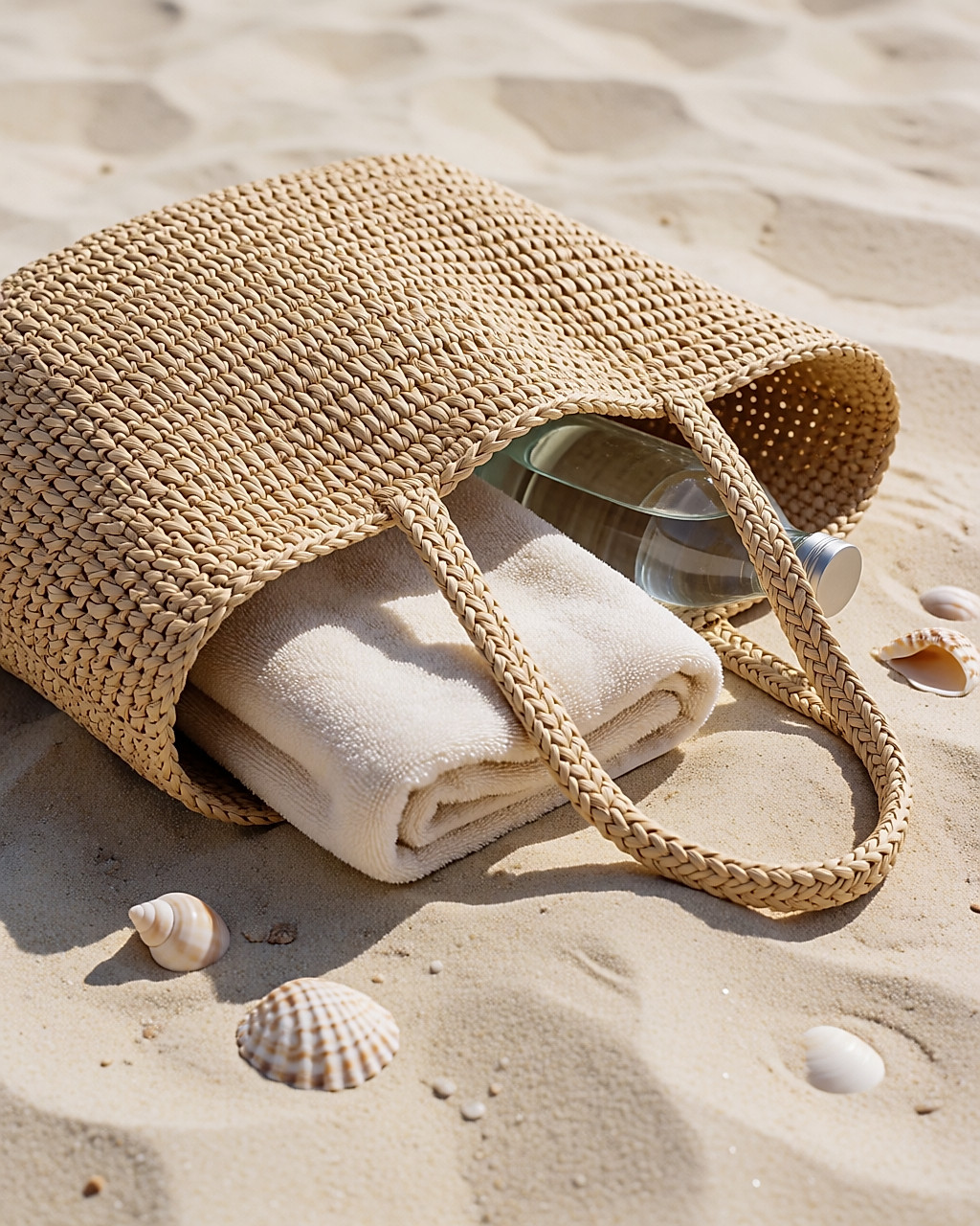 Cabas en raphia tissé posé à demi ouvert sur le sable, serviette et gourde qui dépassent