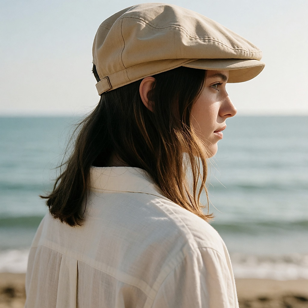 Mujer joven de tres cuartos de espalda con una gorra de algodón beige a la orilla del mar
