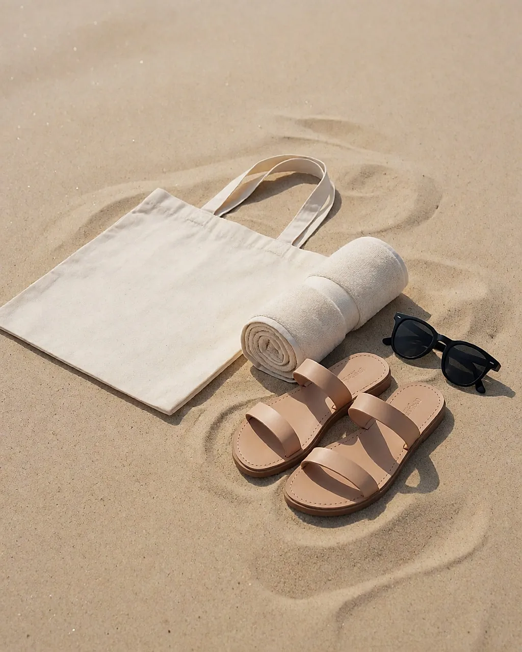Toalla enrollada, sandalias, gafas y capazo de lona alineados sobre la arena caliente
