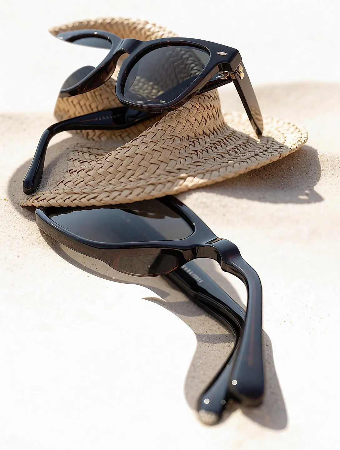 Primer plano de la bisagra y la montura de unas gafas de sol apoyadas sobre un sombrero de paja