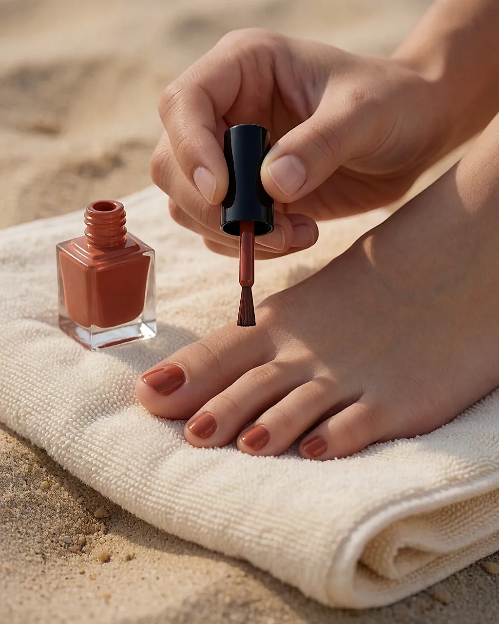 Mano aplicando un esmalte terracota sobre las uñas de los pies apoyados en una toalla de algodón