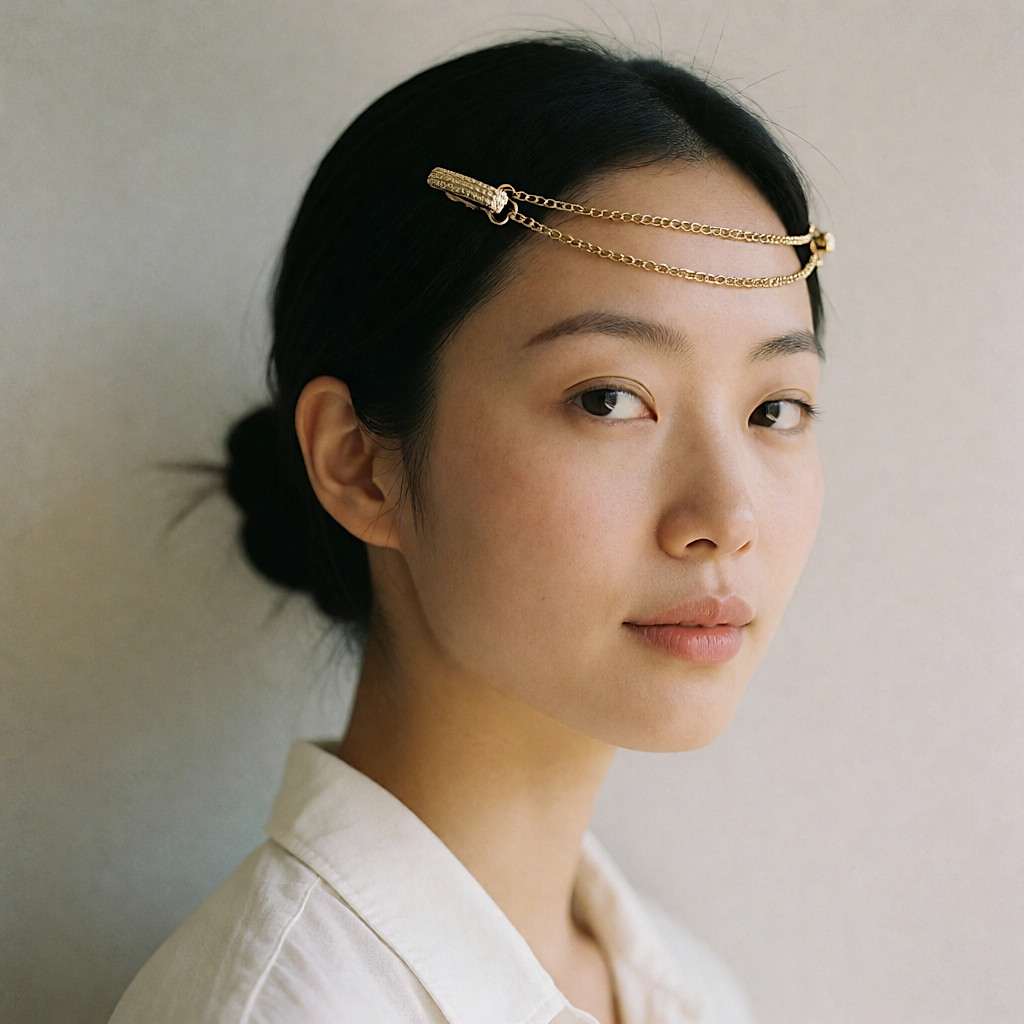 Jeune femme portant deux fines chaînettes dorées en headband sur le front