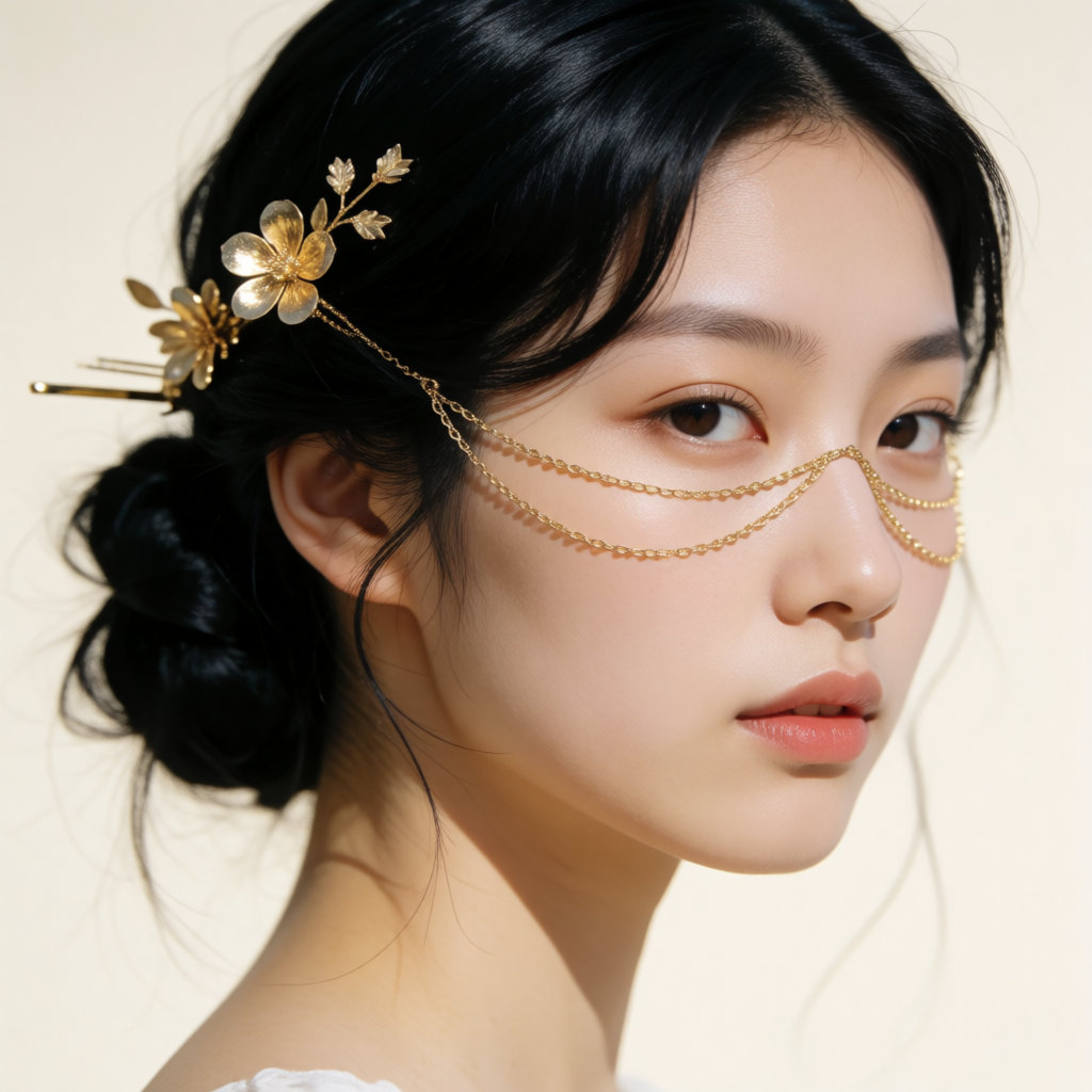 Jeune femme asiatique avec un chignon bas orné d’un peigne fleuri doré et de fines chaînettes