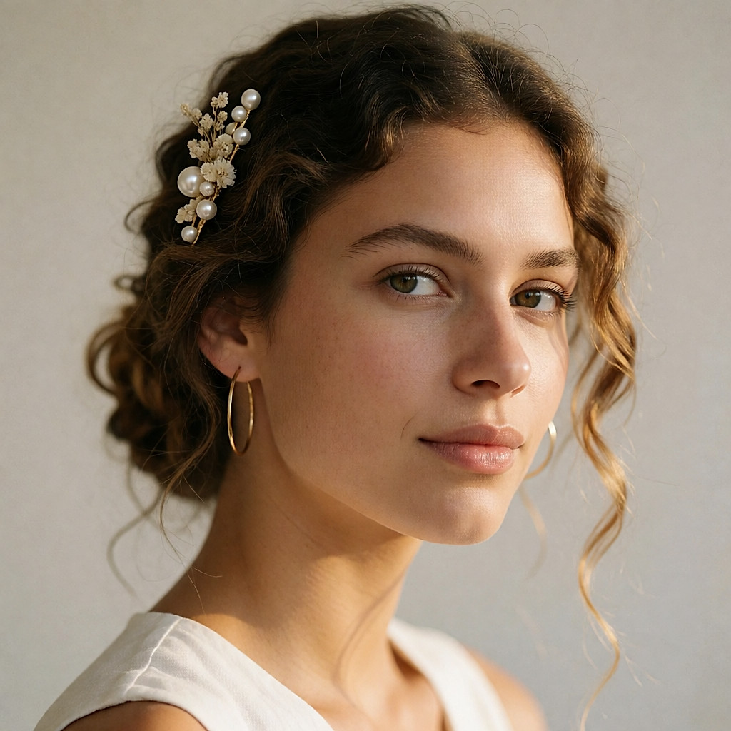 Chignon bas orné d'un seul clip de perles et de fleurs séchées