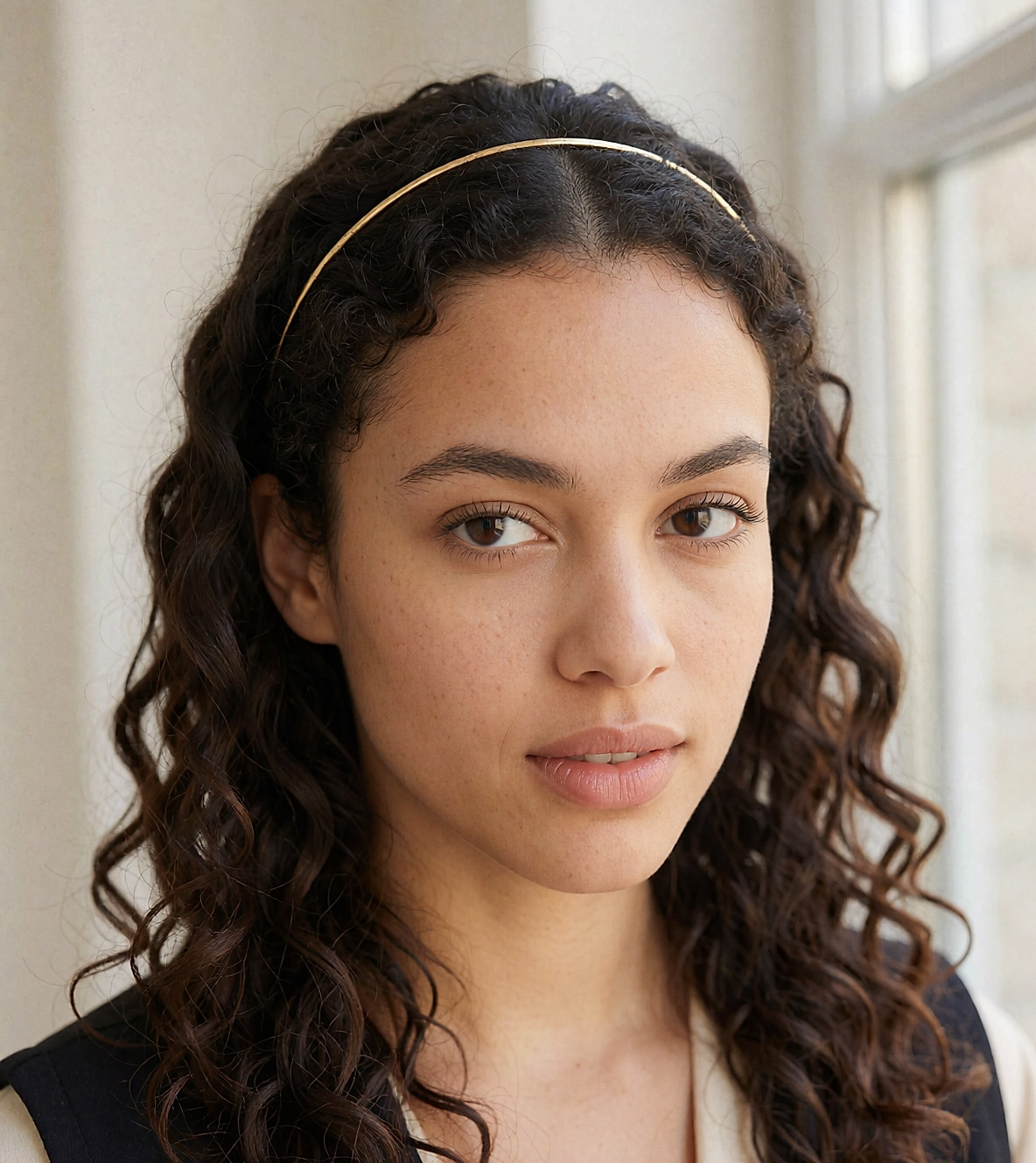 Jeune femme métissée aux cheveux bouclés portant un très fin serre-tête en fil doré