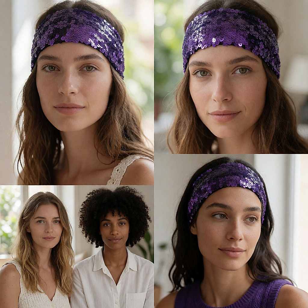 Jeune femme coiffée d'un large bandeau à sequins violet électrique pour le soir