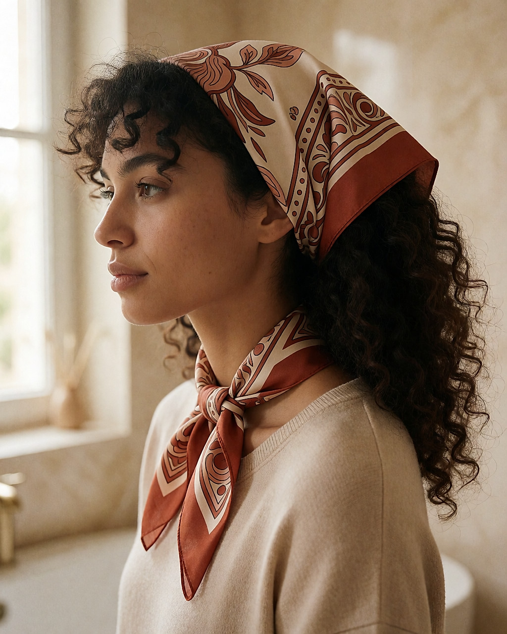 Jeune femme portant un carré de soie imprimé noué en bandana sur les cheveux