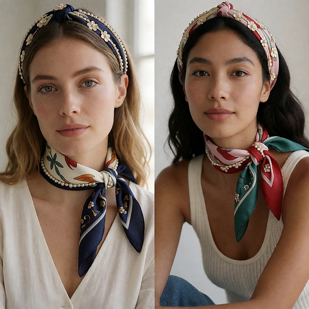 Nature morte de bandeaux perlés, barrettes bijou, peignes fleuris et foulards en soie