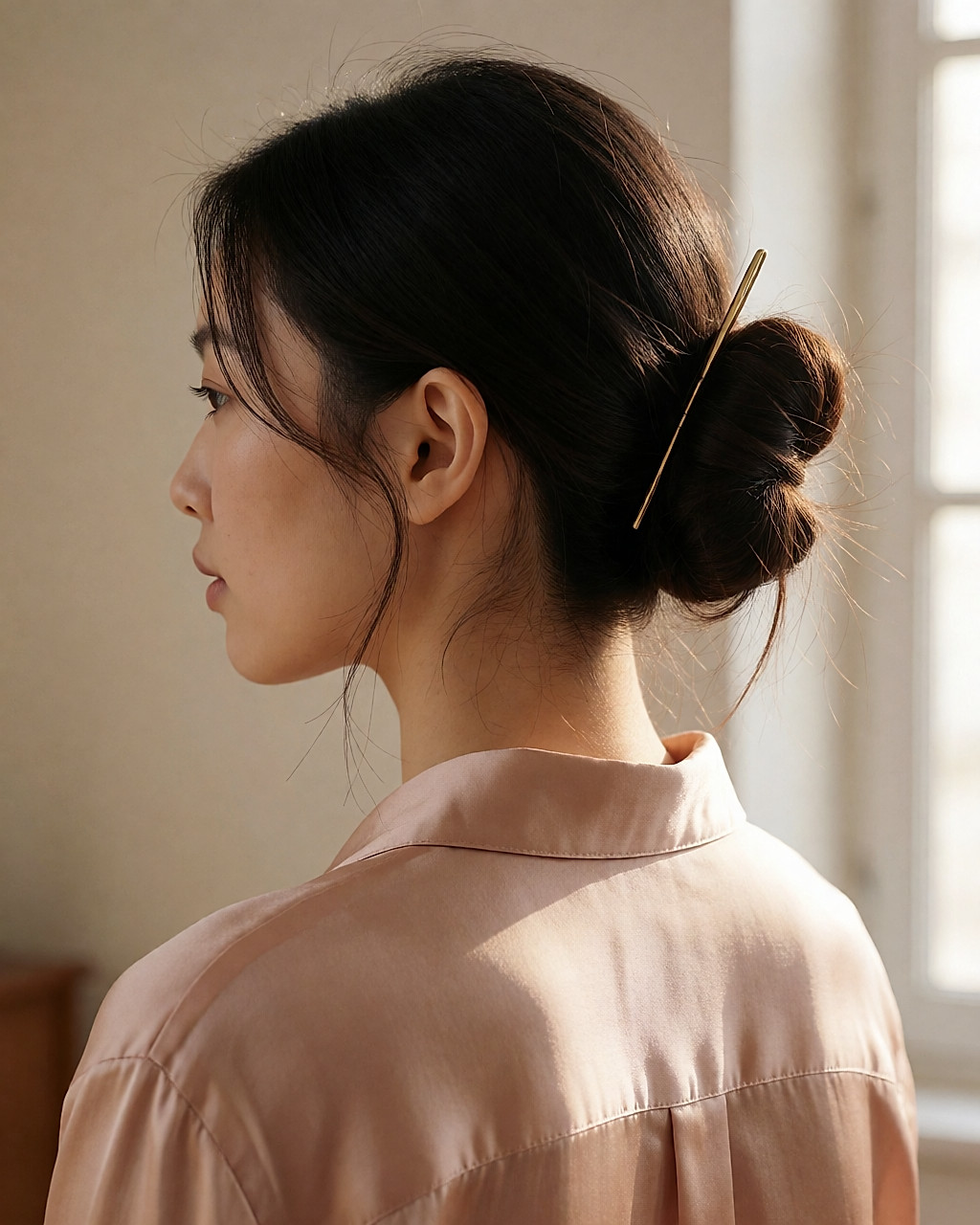 Vue de trois-quarts arrière d'un chignon flou retenu par une fine épingle dorée