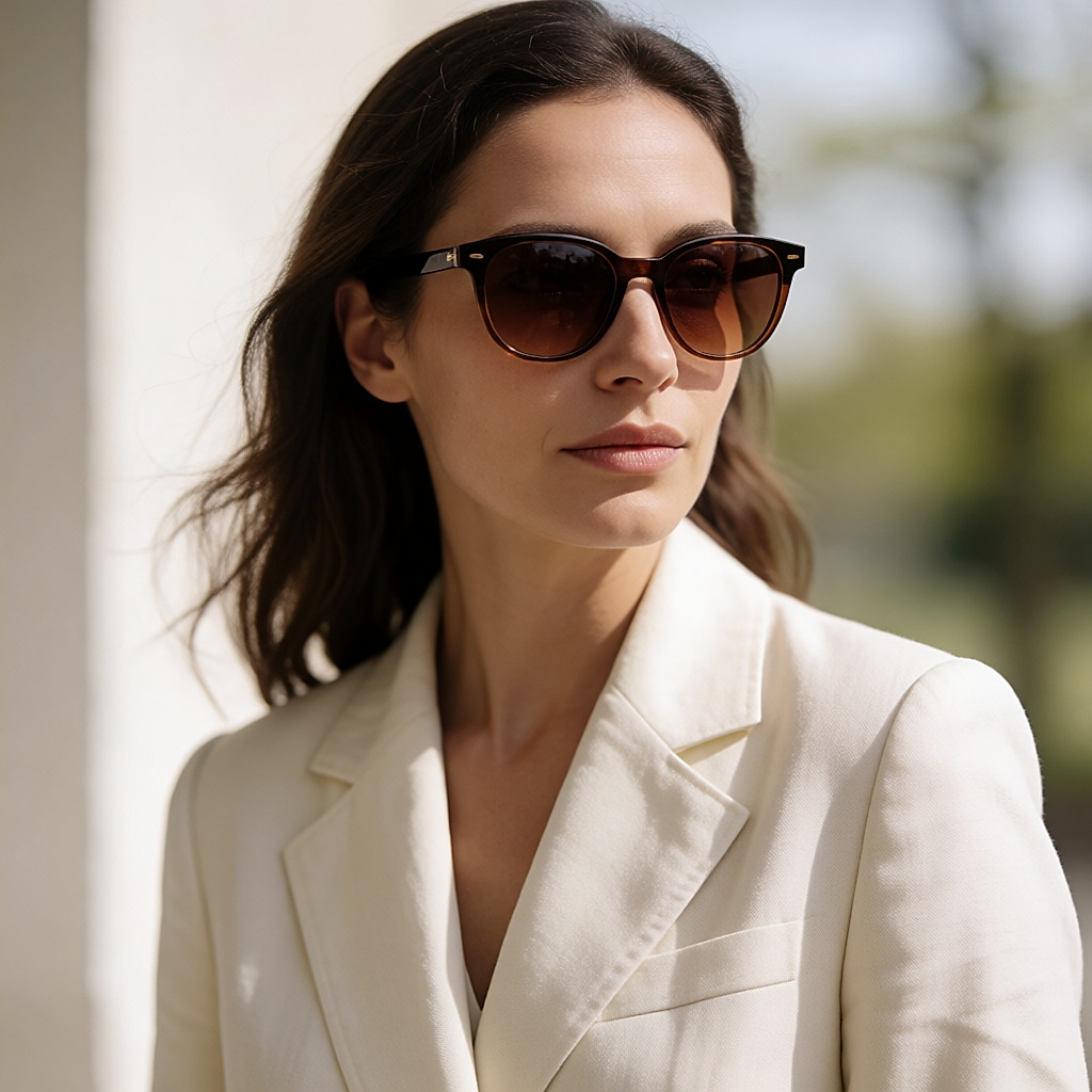 Sonnenbrille mit feinem eckigem Gestell und braun getönten Gläsern in der Frühlingssonne