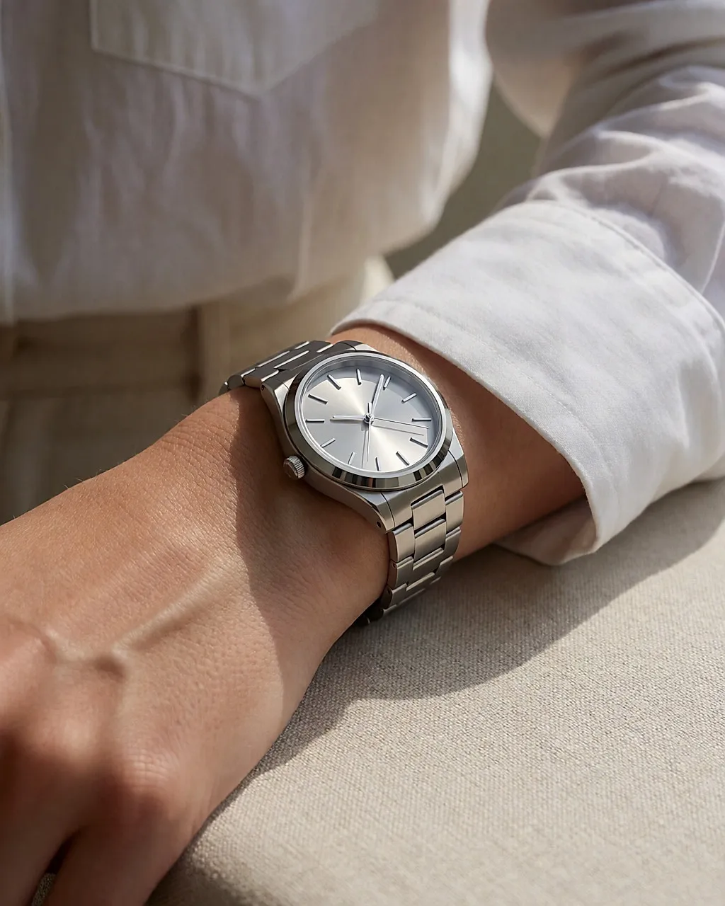 Uhr mit gebürstetem Edelstahlband am Handgelenk, weißer Hemdsärmel hochgeschoben