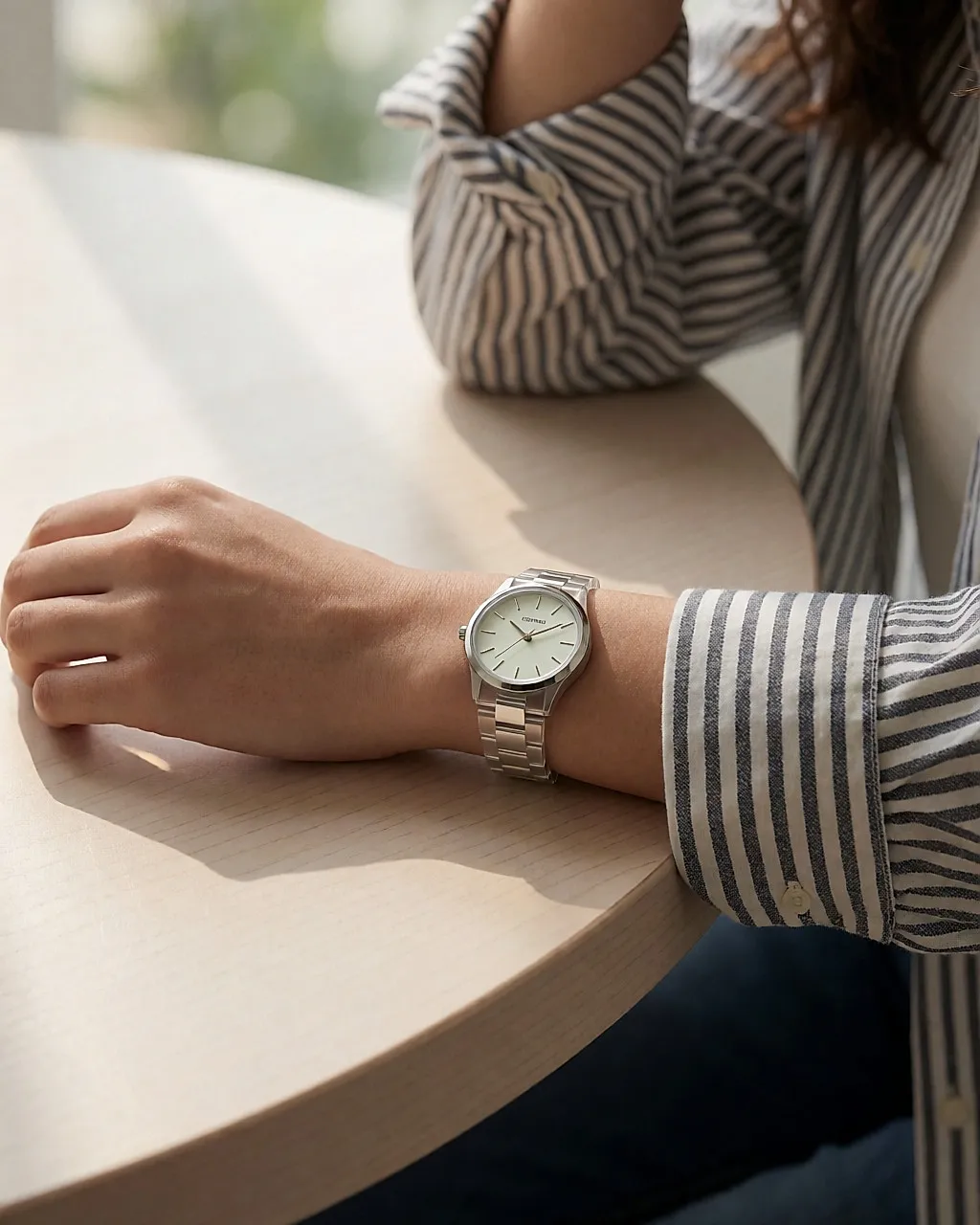 Uhr mit hellem Acetatband über dem Ärmel eines gestreiften Hemdes