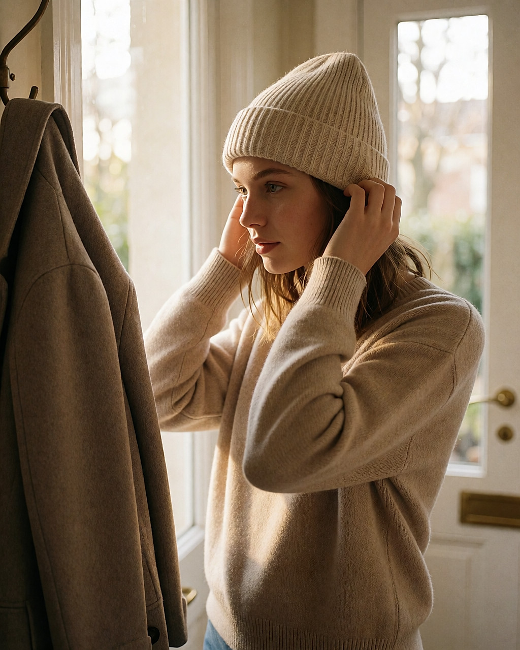 Femme ajustant un bonnet en laine mérinos à maille serrée près d'une fenêtre