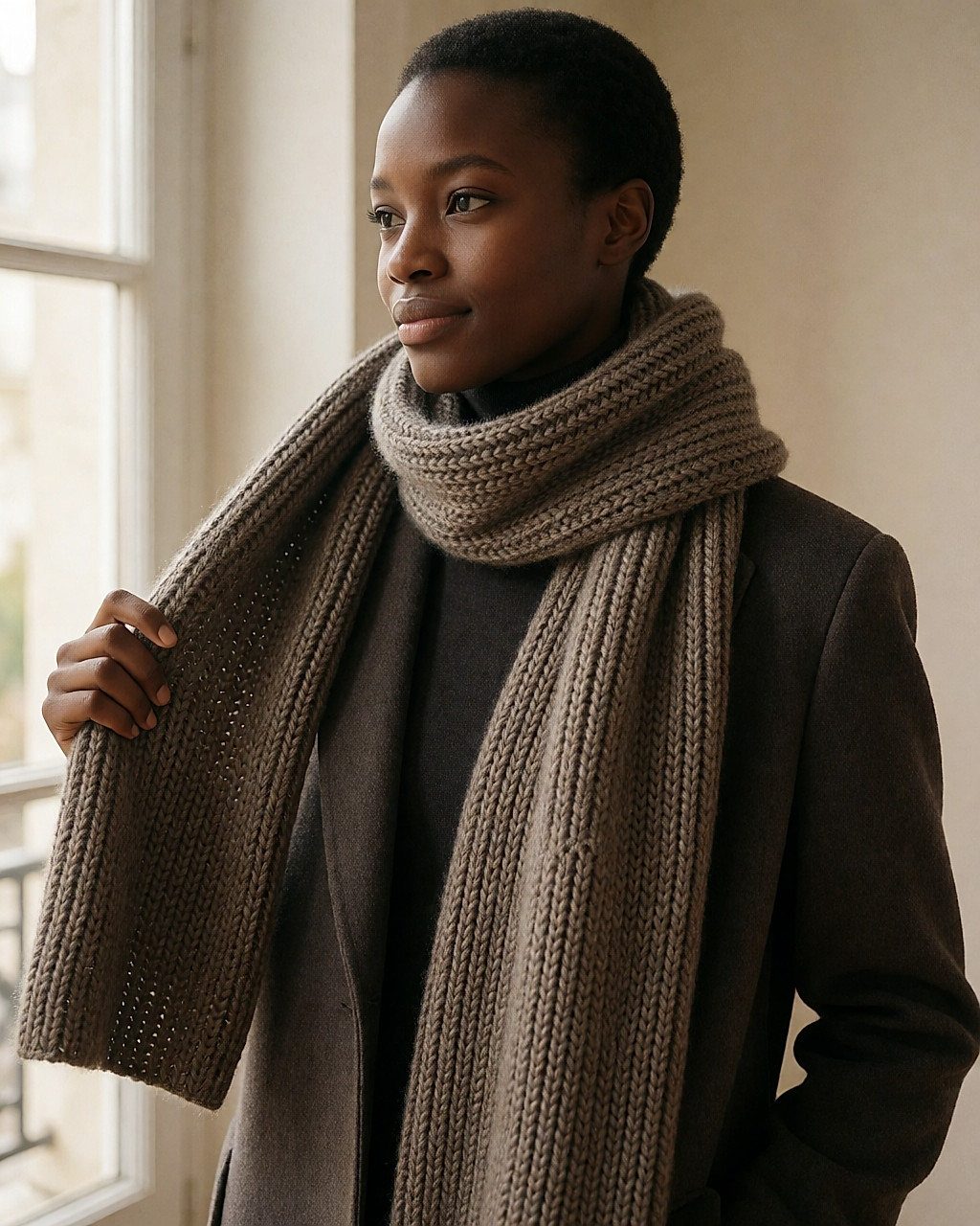 Jeune femme noire portant une écharpe XXL en grosse maille en double tour sur un col roulé fin