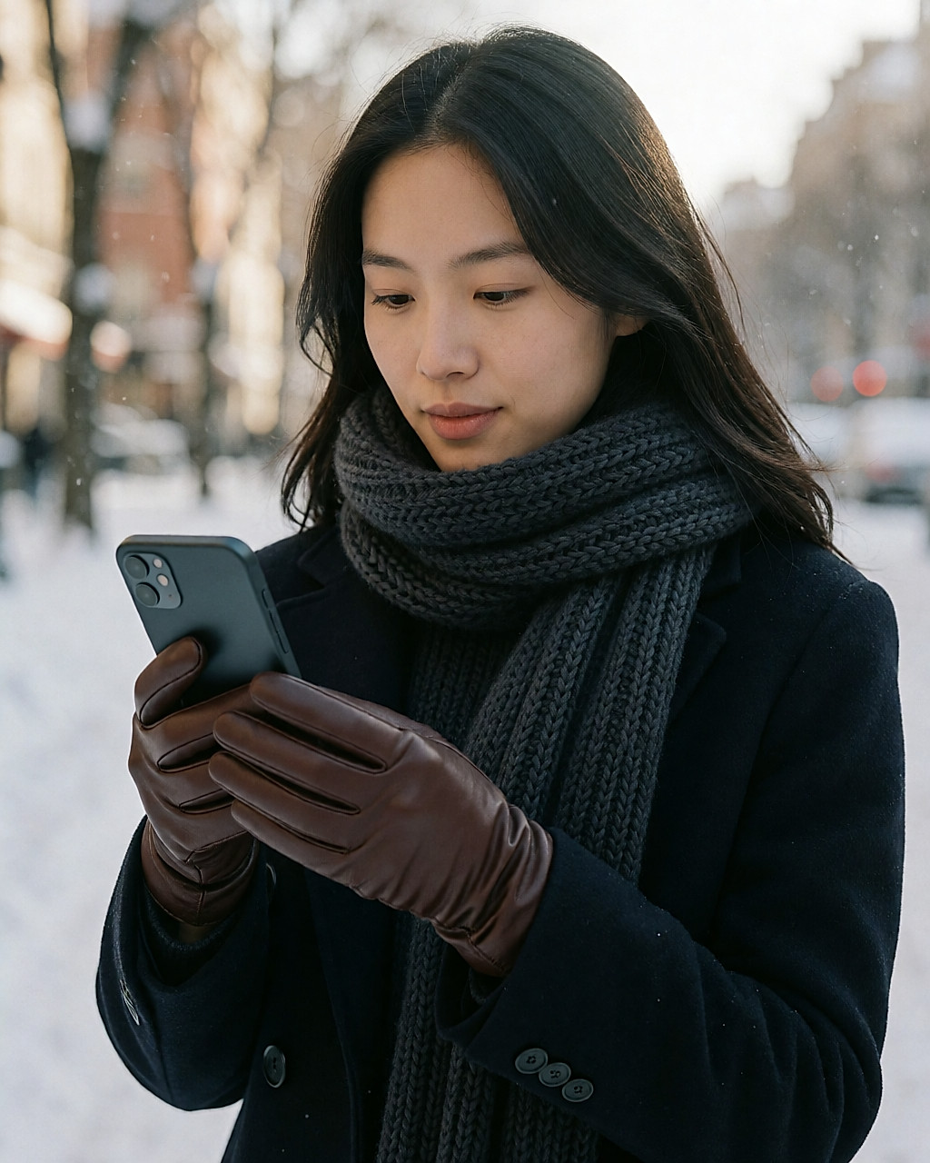 Jeune femme asiatique consultant son téléphone avec des gants en cuir doublés