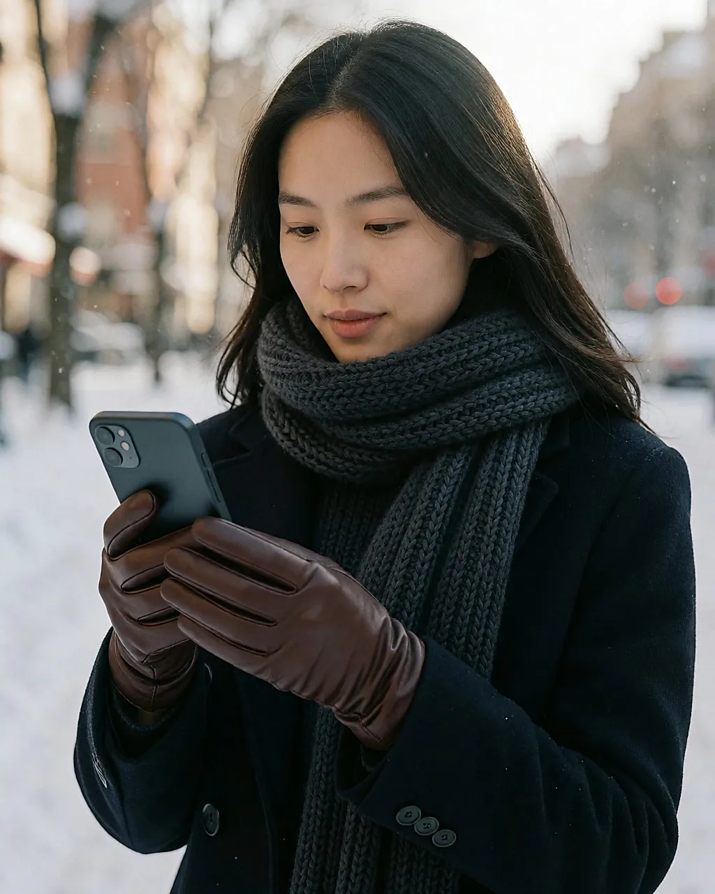 Junge asiatische Frau, die mit gefütterten Lederhandschuhen auf ihr Telefon schaut