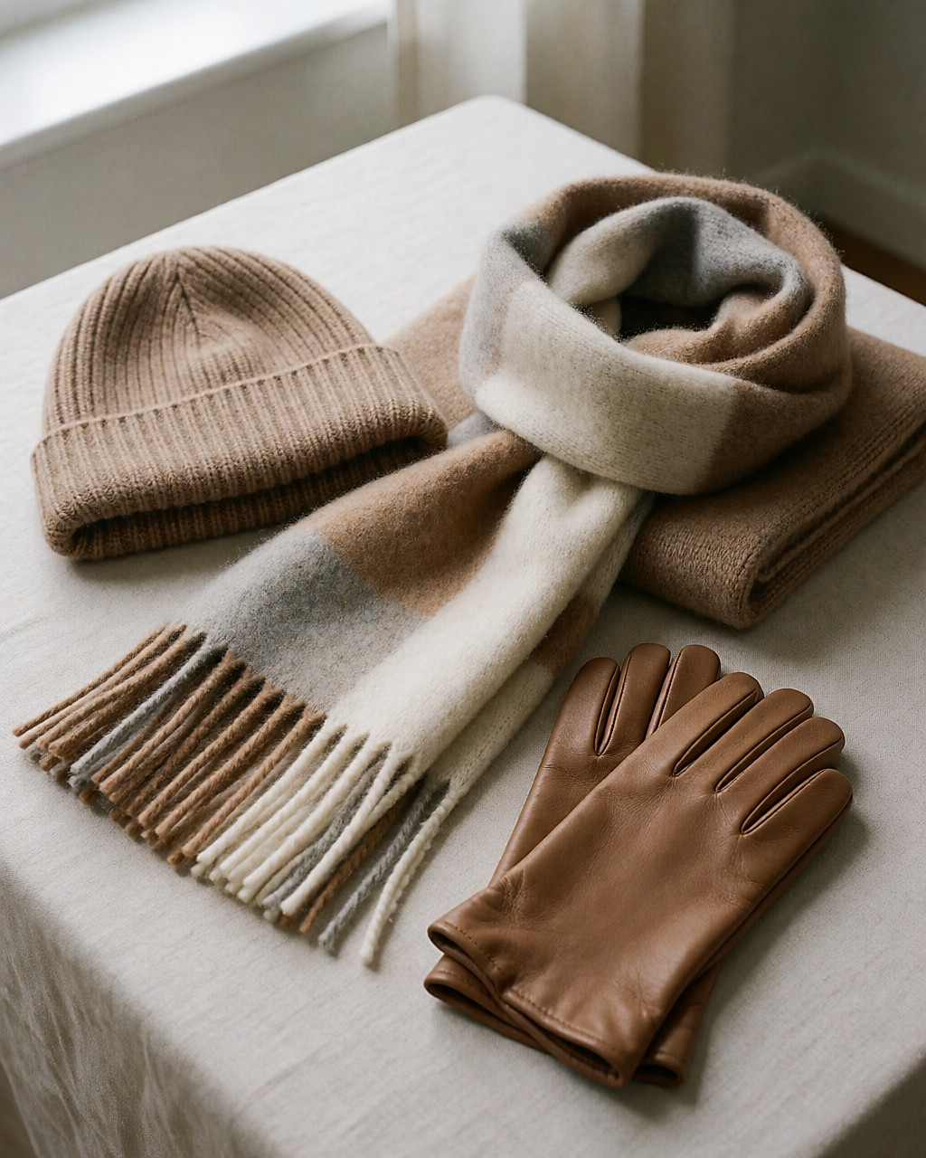 Ensemble coordonné d'accessoires d'hiver — bonnet, écharpe et gants — posé sur du lin clair