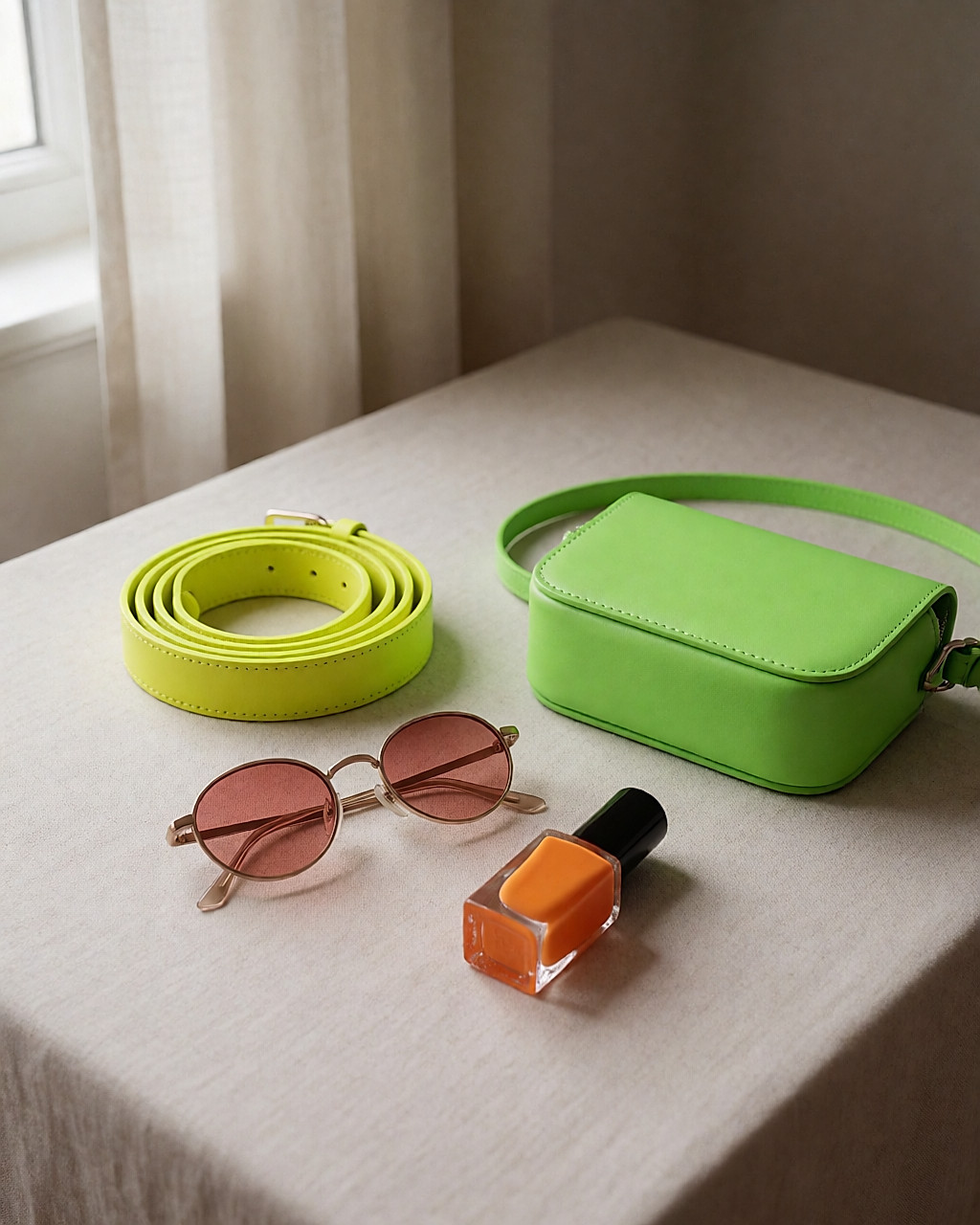 Ceinture jaune, lunettes rosées, mini sac vert et vernis orange sur lin beige