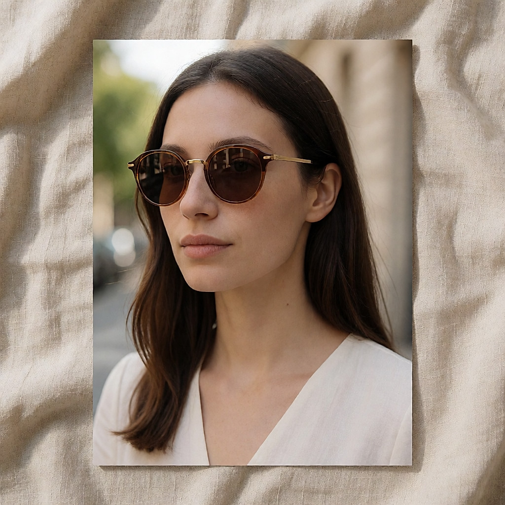 Runde Sonnenbrille mit feiner transparenter Fassung auf zerknittertem beigem Leinen