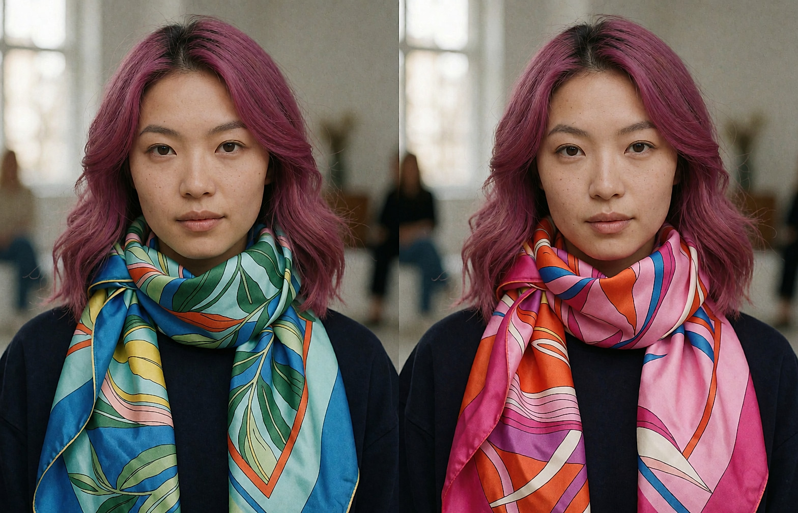 Jeune femme portant un foulard imprimé noué au cou sur une chemise blanche