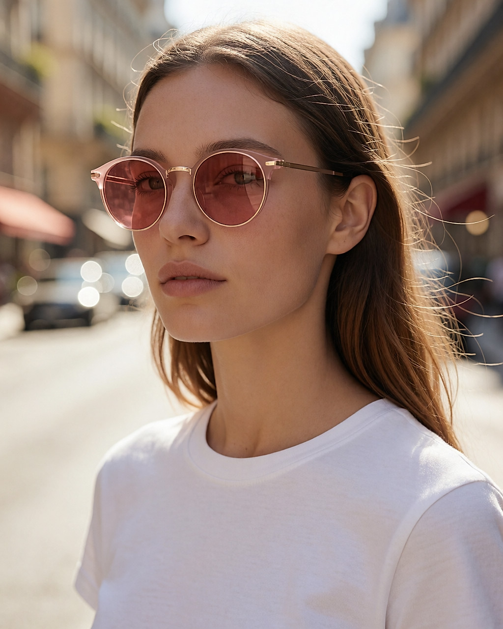 Jeune femme en t-shirt blanc portant des lunettes de soleil rondes à verres rosés
