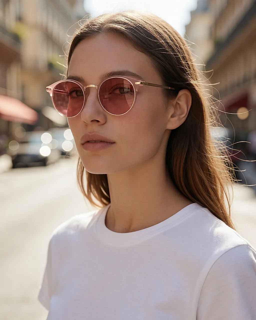 Junge Frau im weißen T-Shirt mit runder Sonnenbrille mit rosé getönten Gläsern