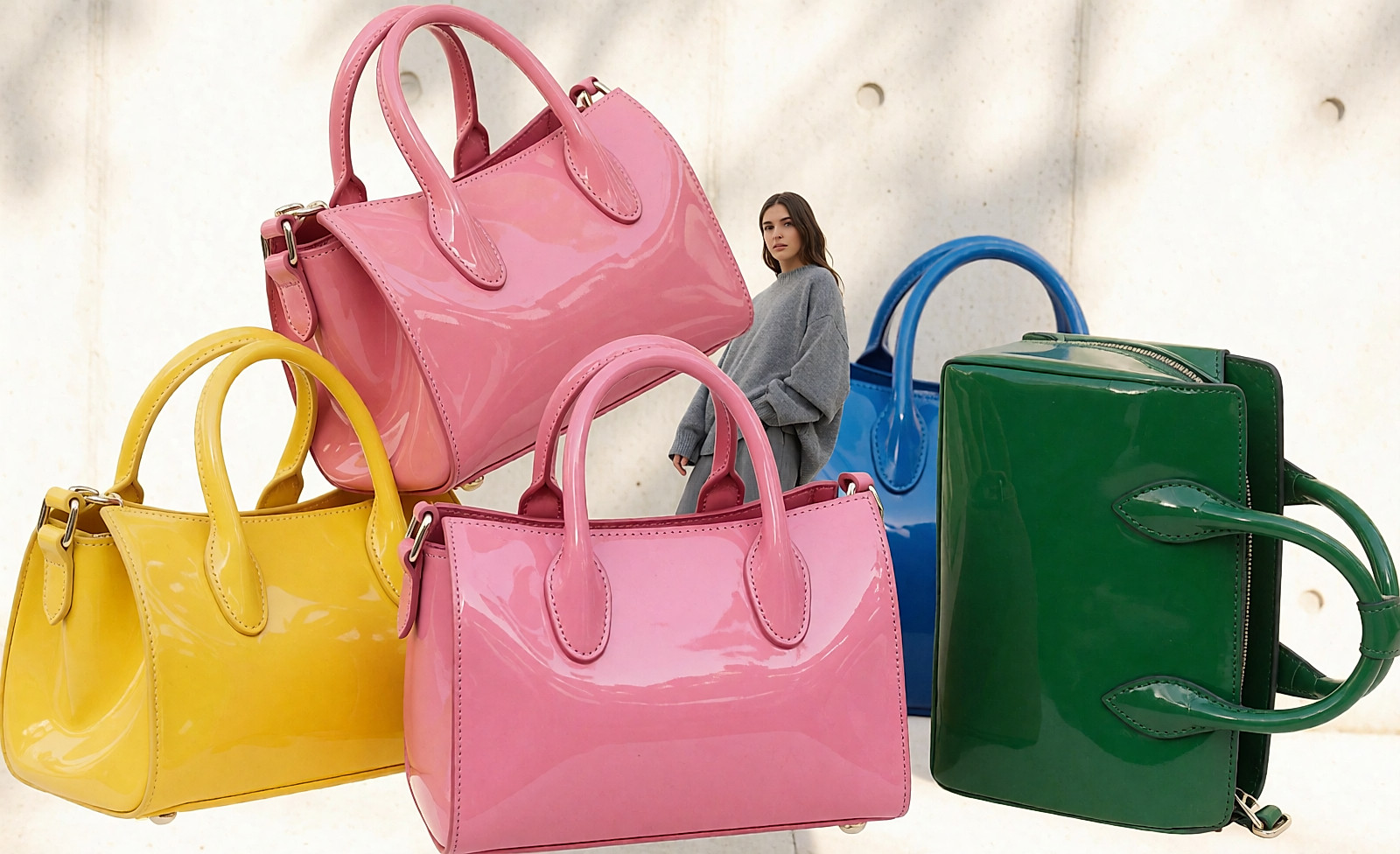 Jeune femme en tenue grise portant un mini sac rose brillant à poignée rigide