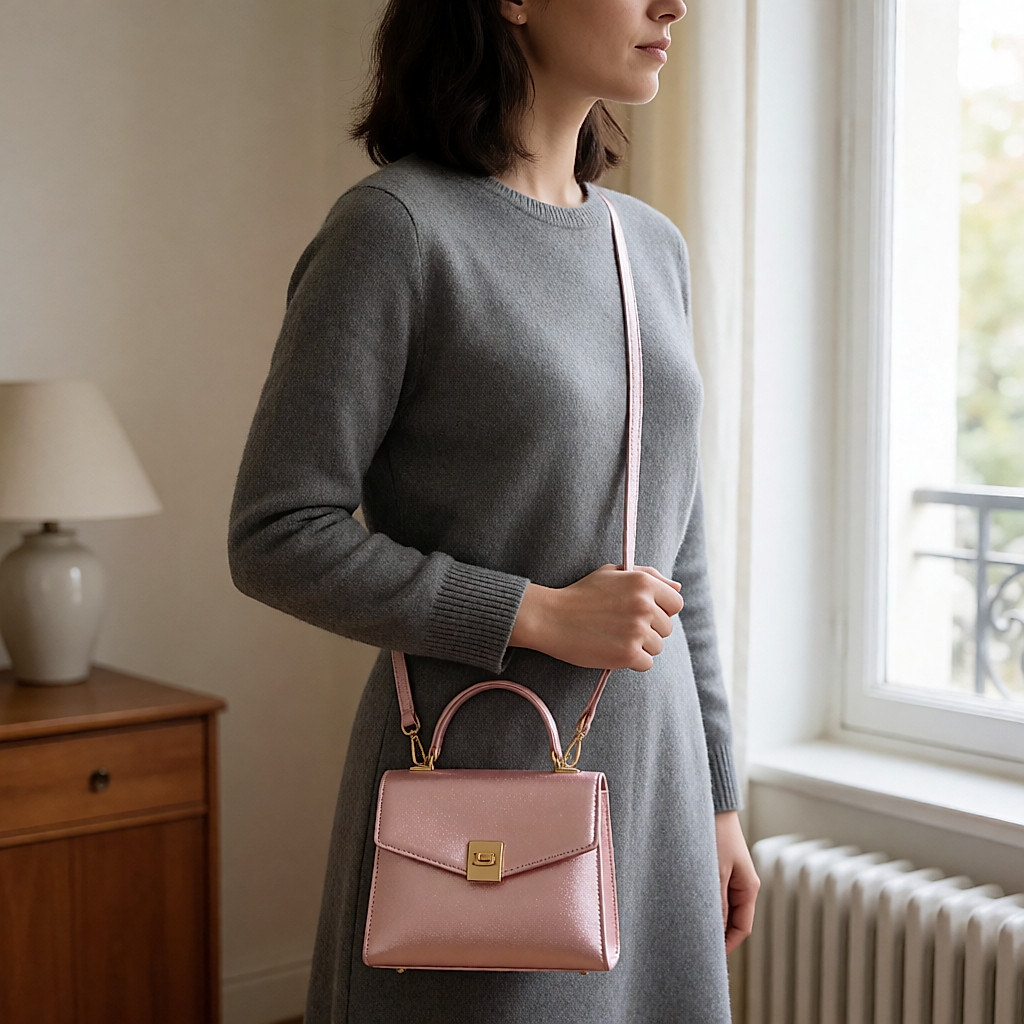 Junge Frau in grauem Outfit mit kleiner glänzender rosafarbener Tasche mit festem Griff