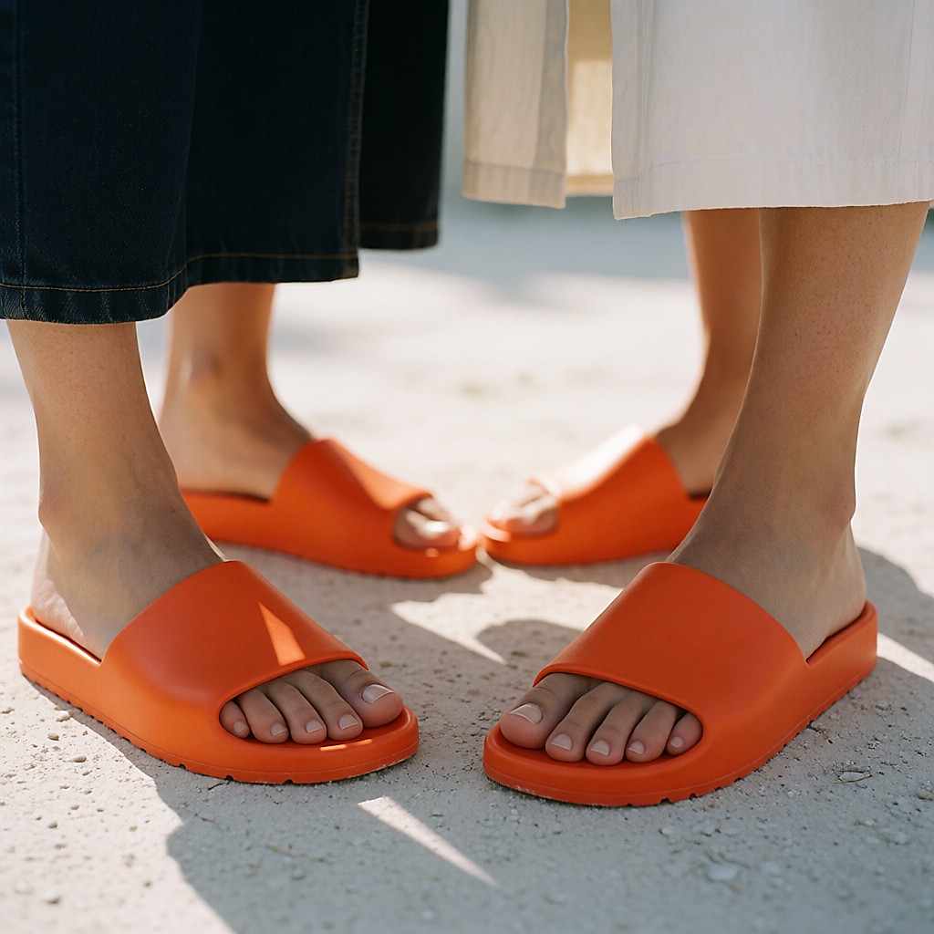 Pieds dans des sandales en caoutchouc orange fluo sur un sol clair et ensoleillé