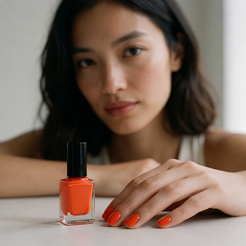 Flacon de vernis orange fluo en verre et ongles courts peints, lumière naturelle
