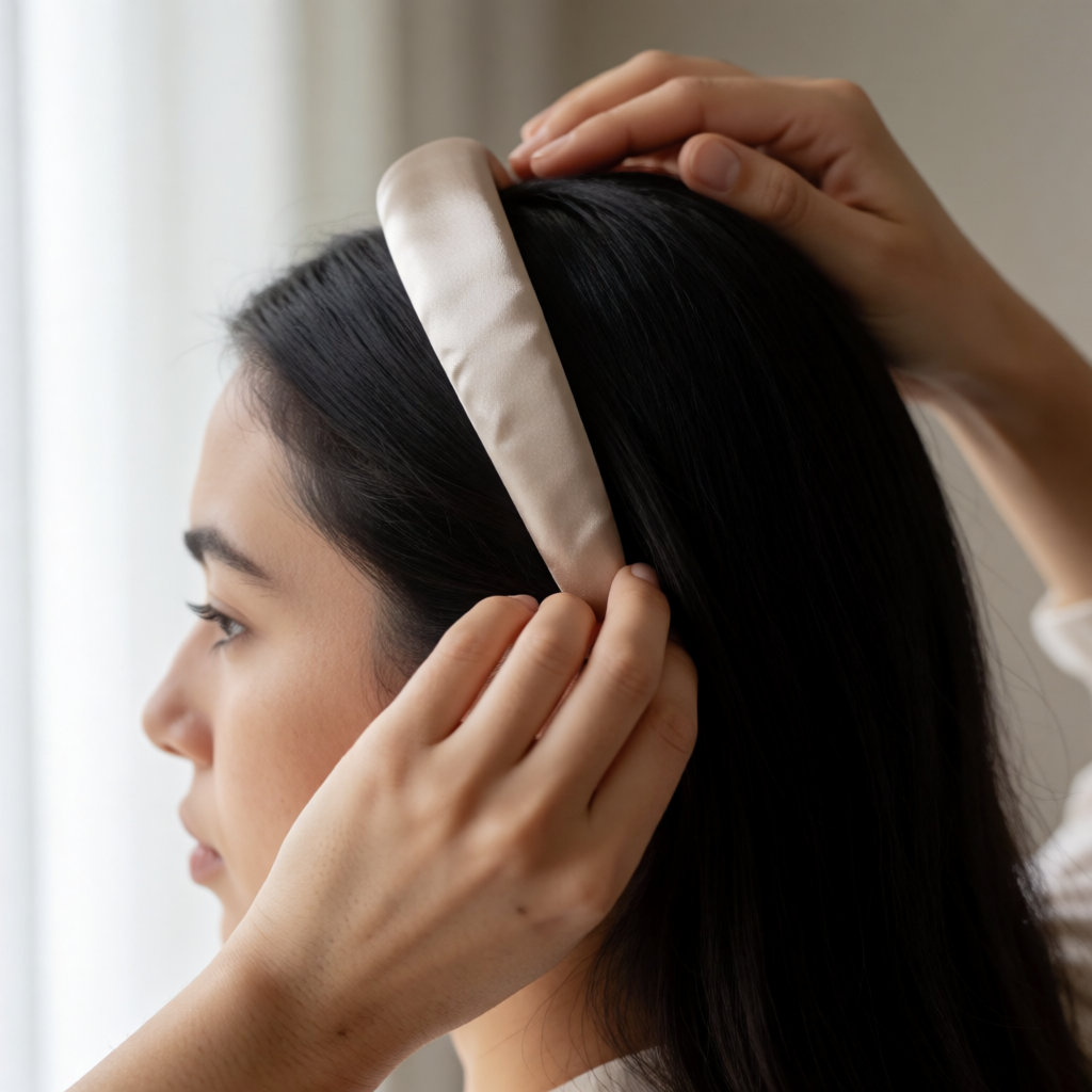 Mains ajustant un bandeau satiné matelassé sur des cheveux bruns, lumière douce de fenêtre