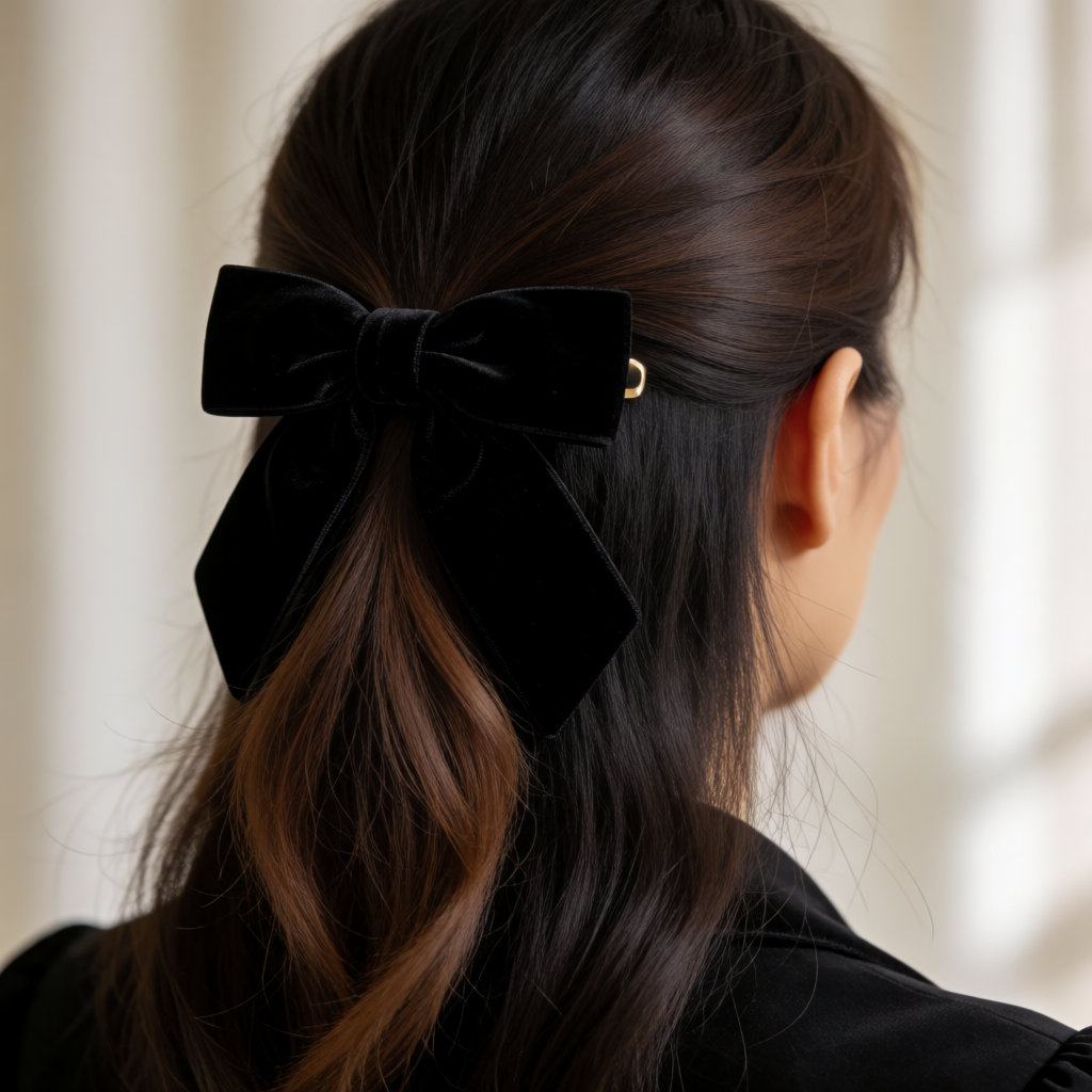 Nœud en velours noir fixé en barrette sur une demi-queue, vue de dos
