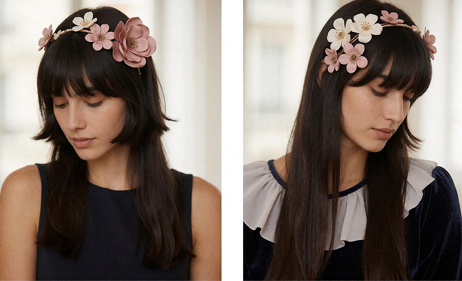Serre-tête fin orné de petites fleurs de soie poudrées sur un carré brun