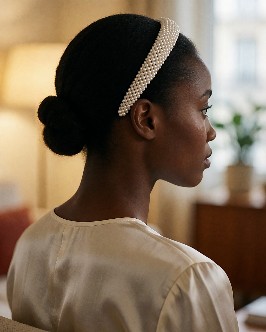 Serre-tête couvert de petites perles porté sur un chignon bas, vu de trois-quarts arrière