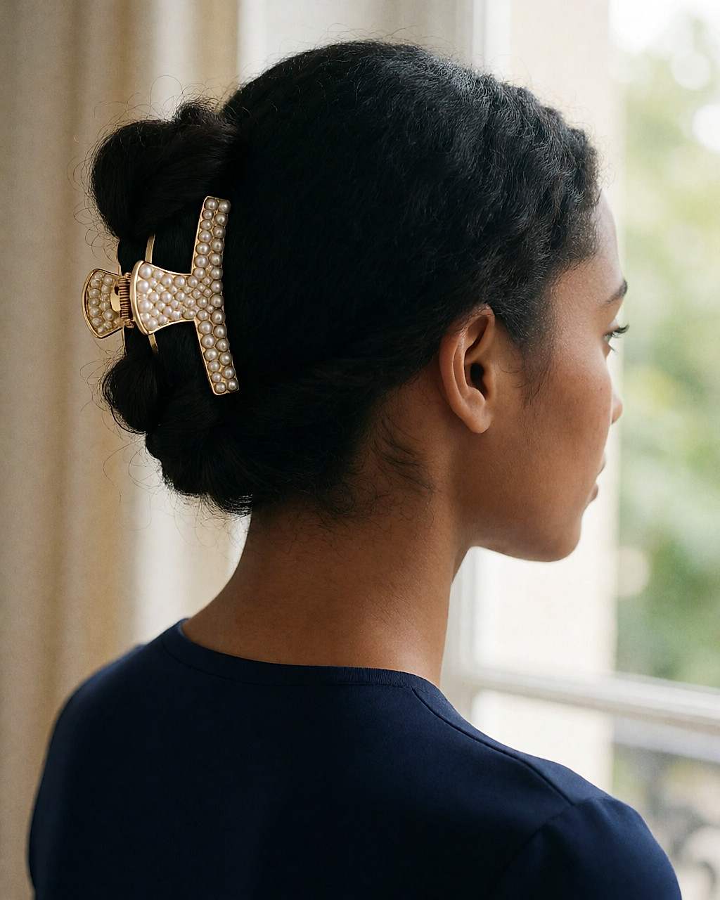 Pince crabe dorée à large mâchoire ornée de perles, sur un chignon de cheveux épais