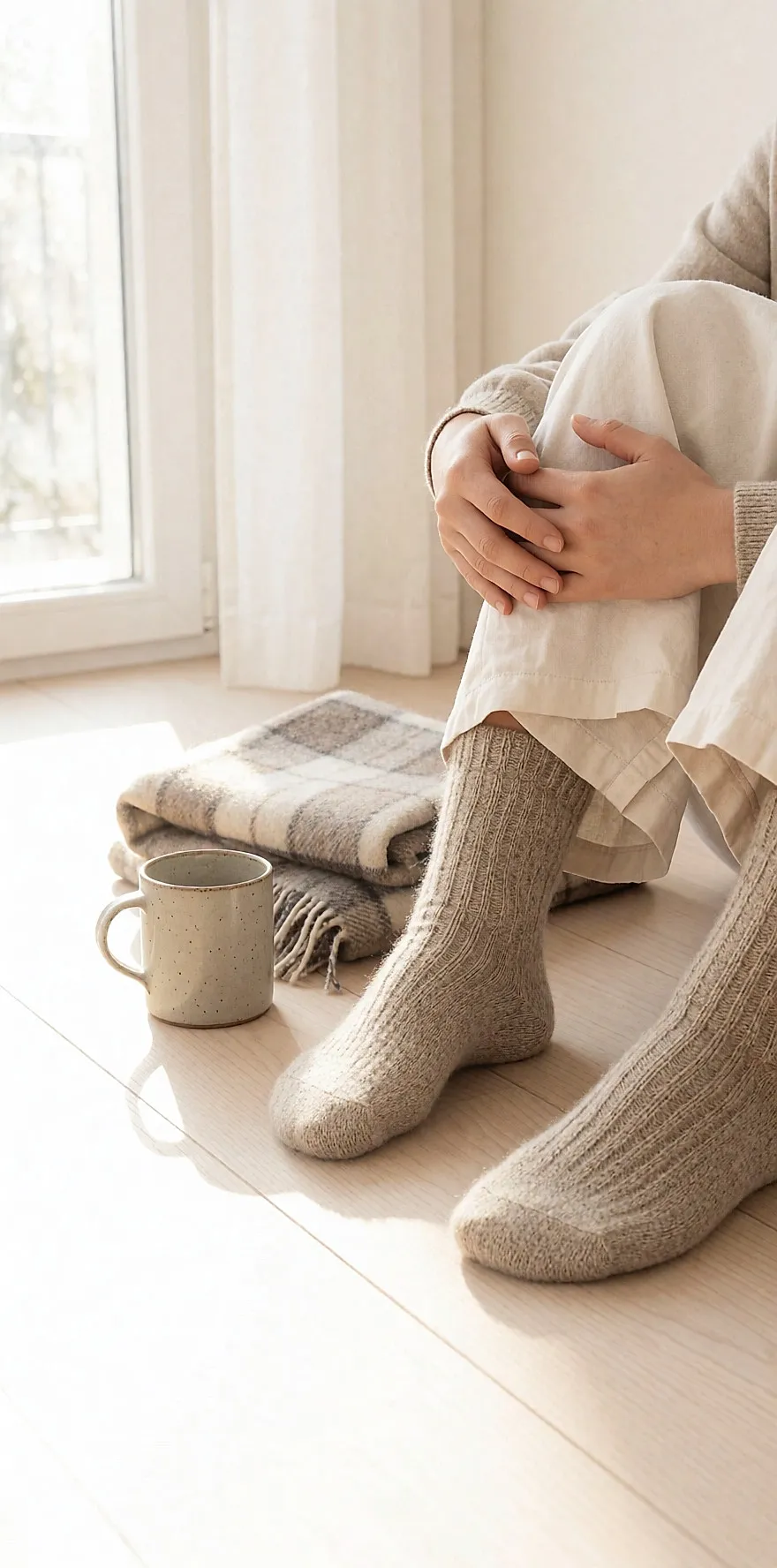 Füße in gerippten Merino-Wollsocken auf Holzparkett, neben einer Decke