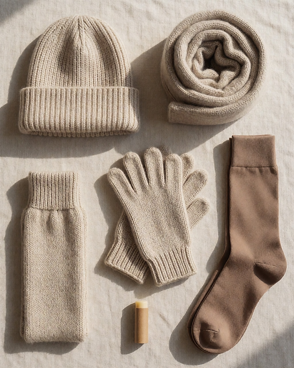 Flat lay d'accessoires d'hiver : bonnet, écharpe, gants, chaussettes et collants
