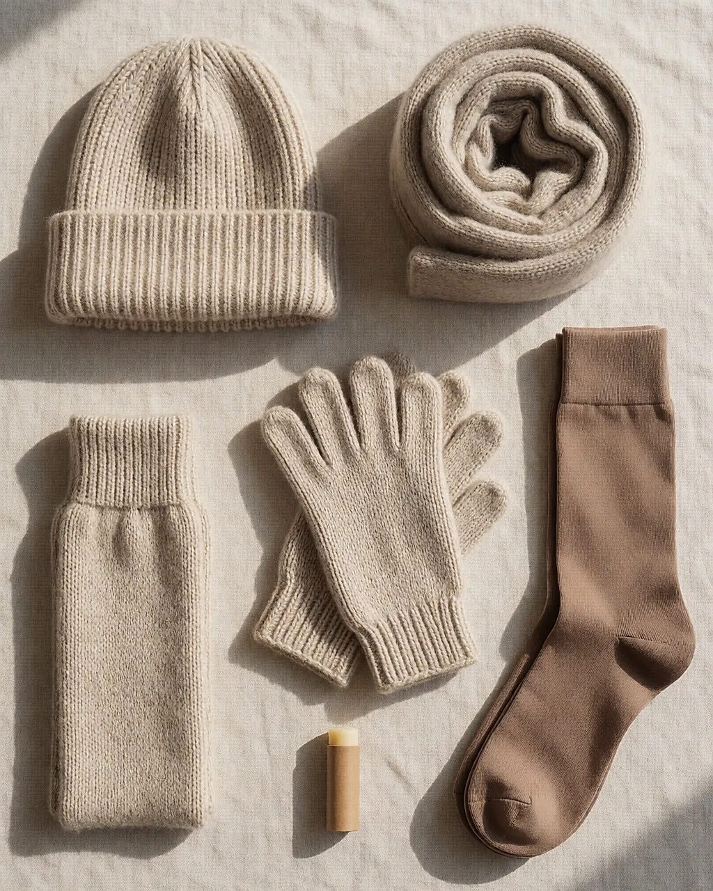 Flatlay mit Winteraccessoires: Mütze, Schal, Handschuhe, Socken und Strumpfhosen