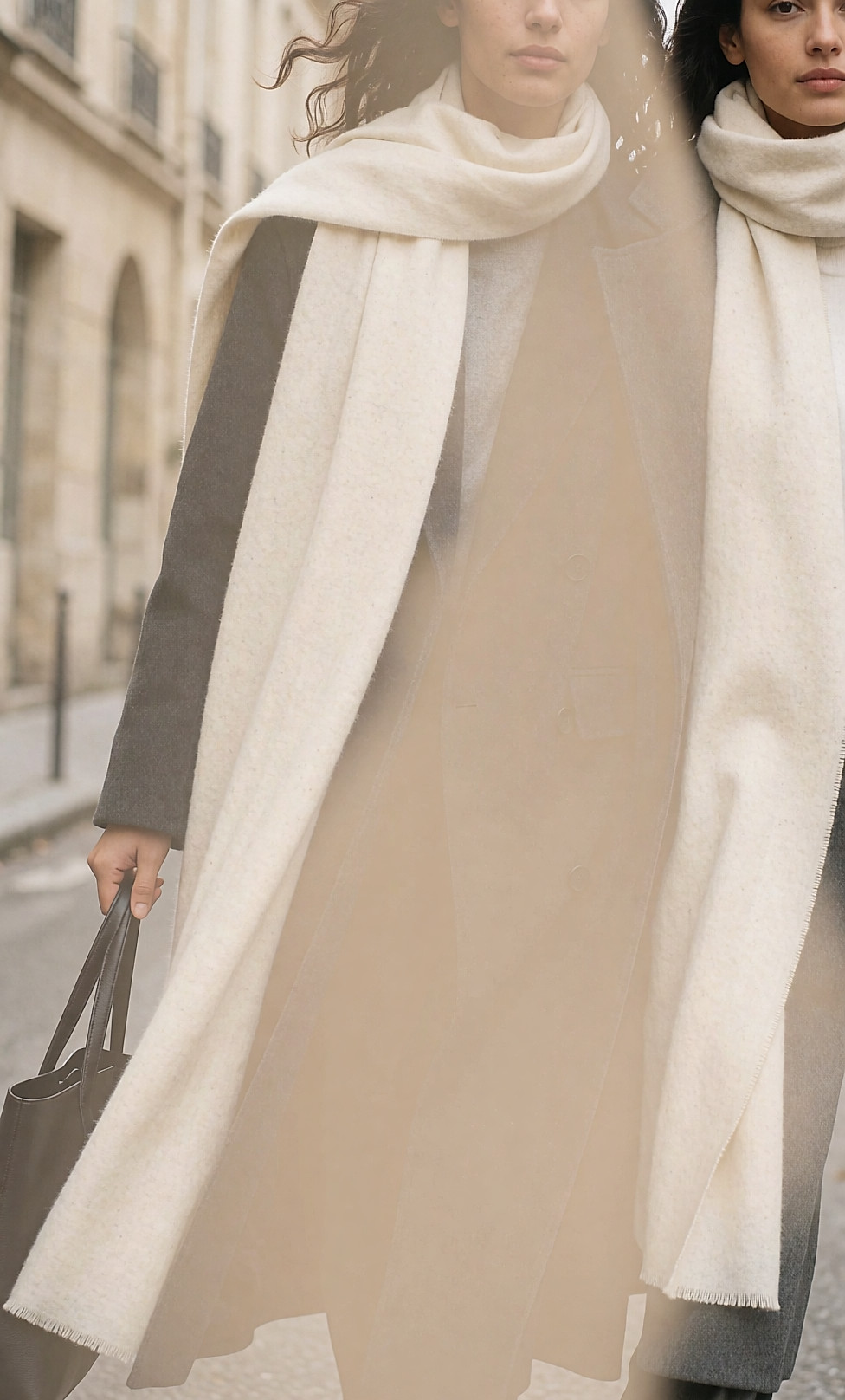 Jeune femme en manteau long, large écharpe en laine jetée sur une épaule, dans la rue