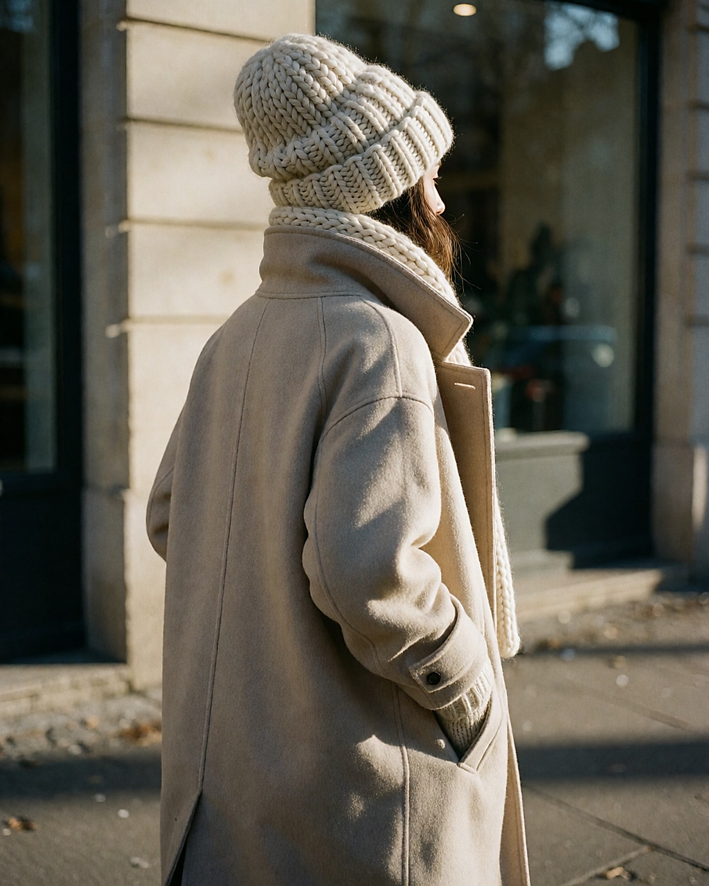 Silhouette de dos avec bonnet volumineux en grosse maille et long manteau de laine