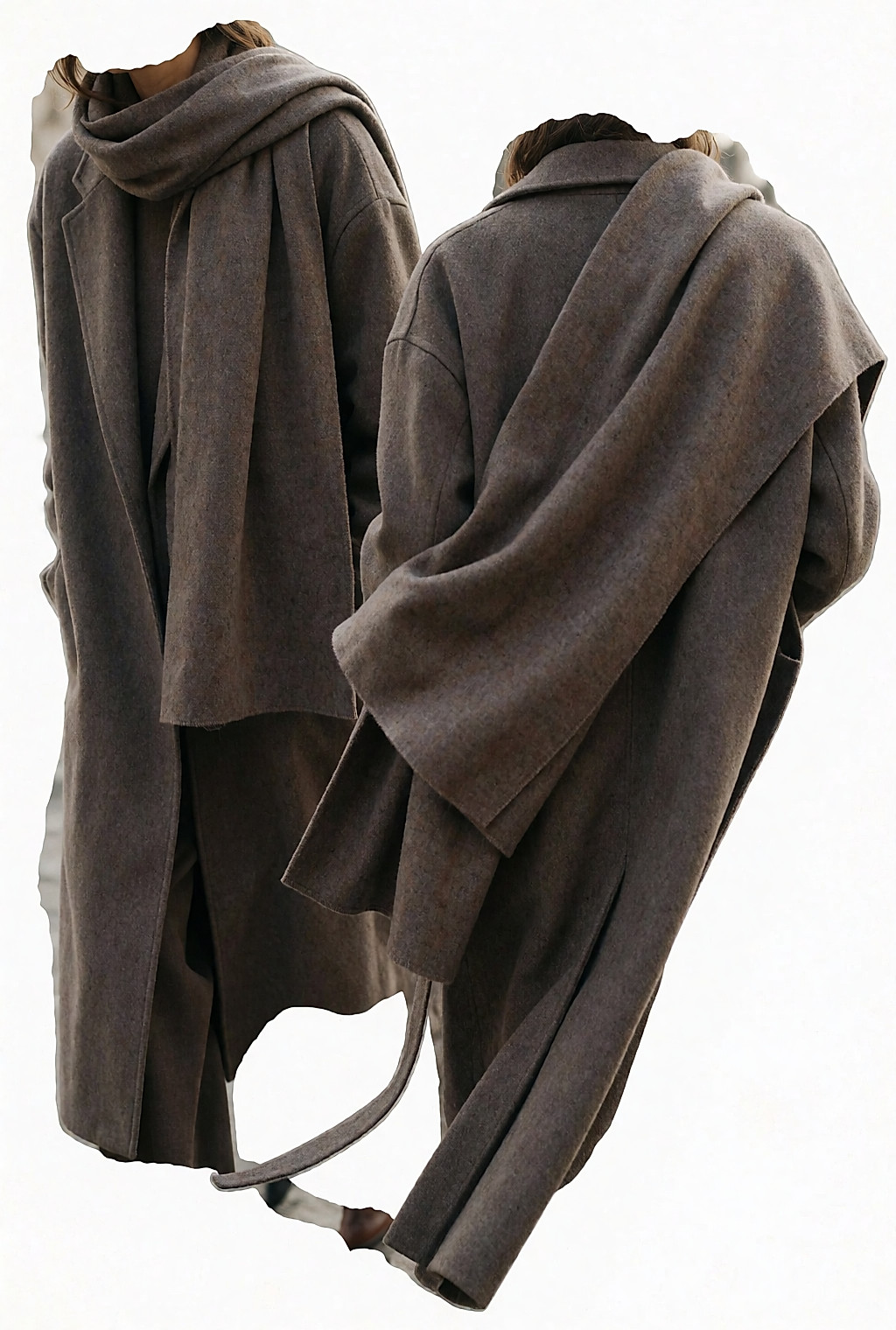 Large écharpe laine-viscose jetée sans nœud sur l'épaule d'un manteau long, vue de dos