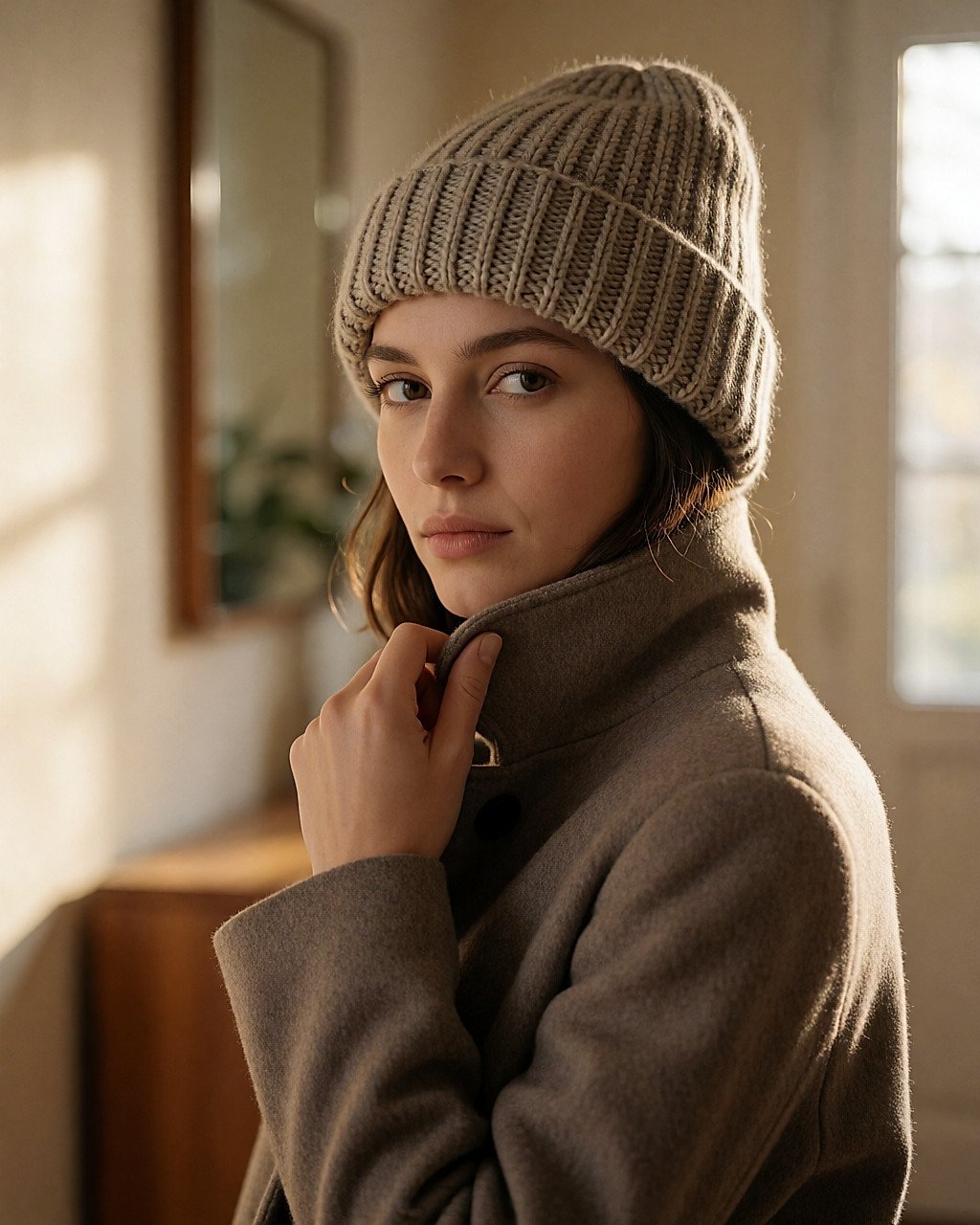 Portrait de trois-quarts d'une jeune femme ajustant un bonnet de maille serrée sur ses oreilles