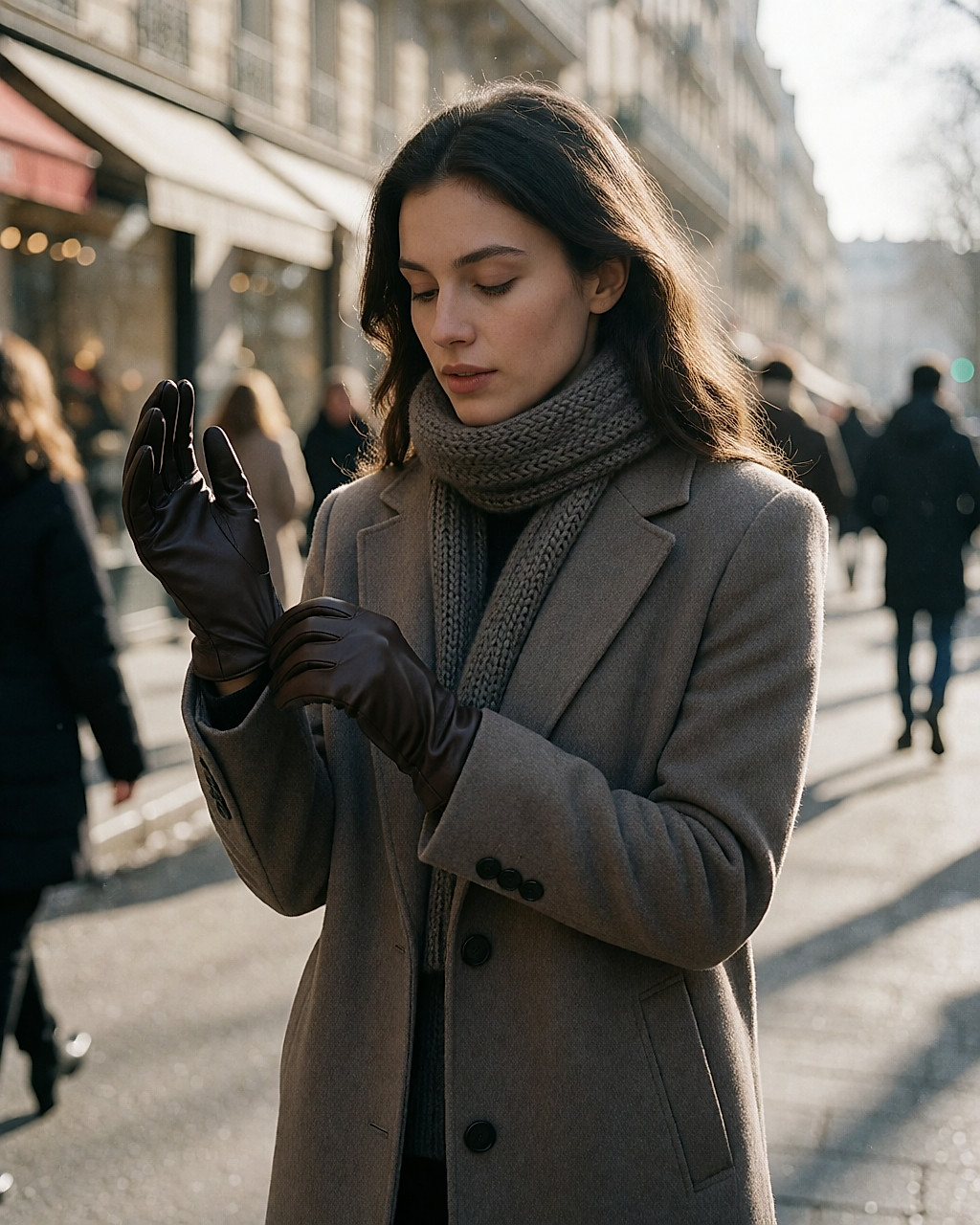 Jeune femme enfilant des gants courts en agneau dans la rue, manteau de laine et écharpe