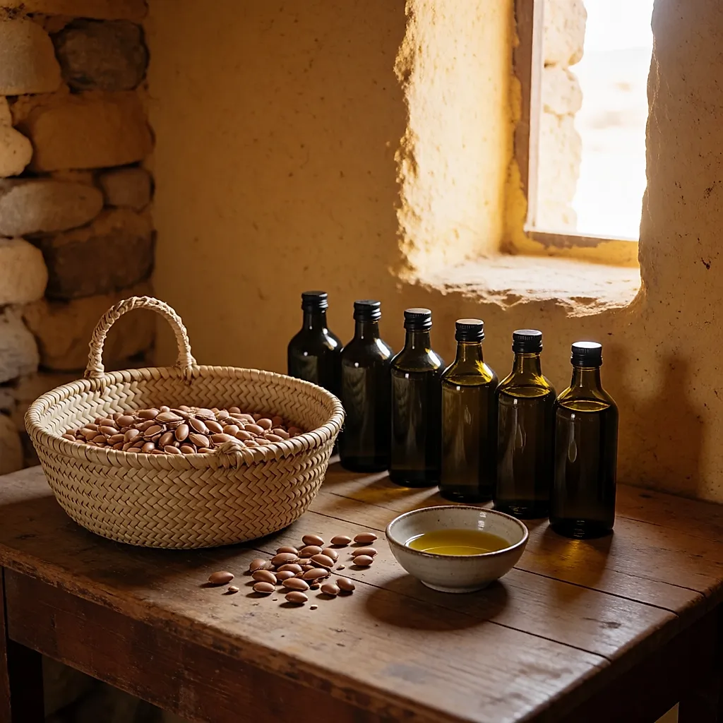 Frascos de vidrio oscuro y cestas de nueces de argán en el interior de una cooperativa marroquí