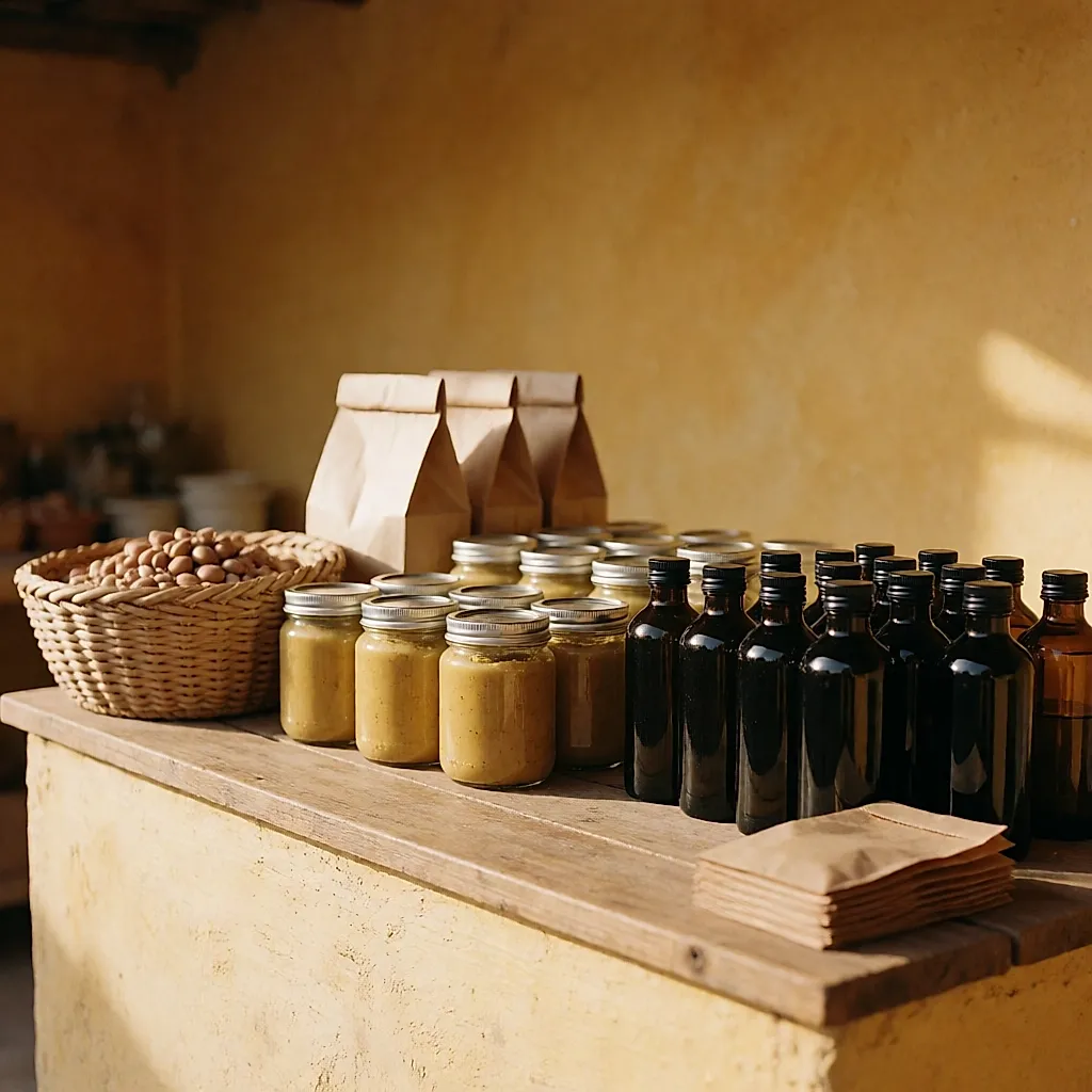 Puesto de cooperativa con botellas de aceite de argán, tarros dorados y cestas de mimbre