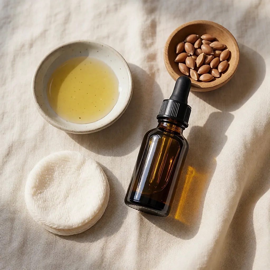 Bodegón cenital con un frasco de aceite de argán de 30 ml, un cuenco de aceite y nueces de argán